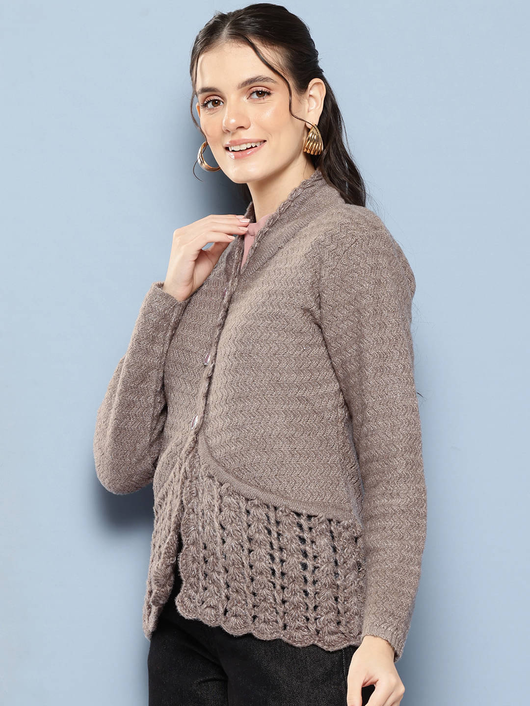 Aarika Women Woollen V-Neck Cardigan ( Brown )     			Aarika Women Woollen V-Neck Cardigan ( Brown )