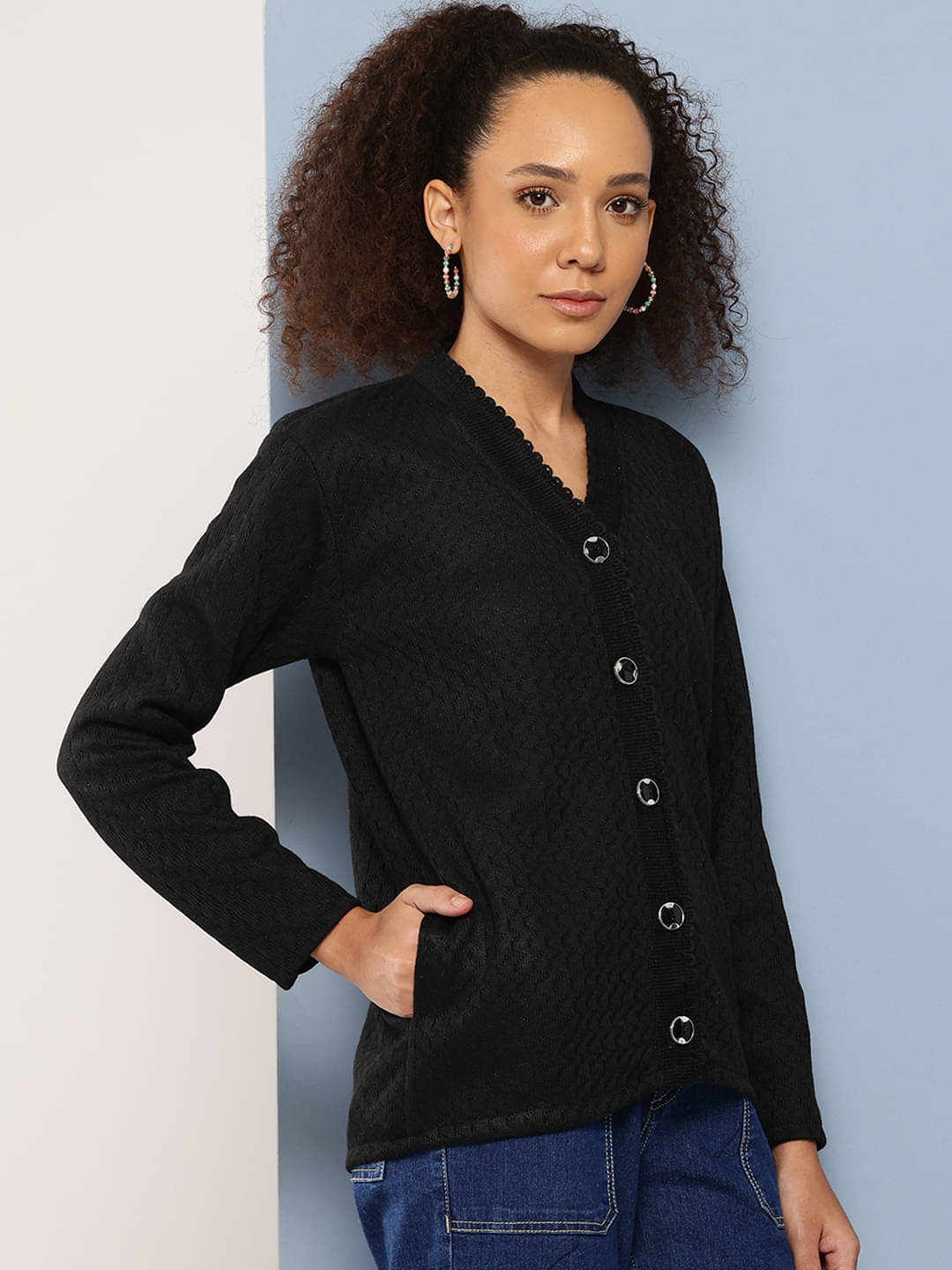 Aarika Women Woollen V-Neck Cardigan ( Black )     			Aarika Women Woollen V-Neck Cardigan ( Black )