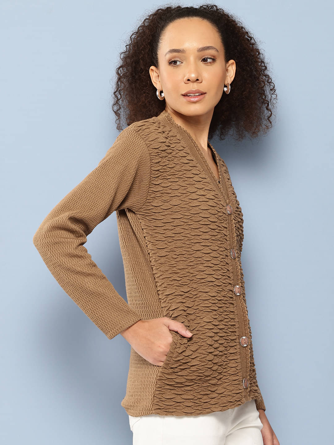 Aarika Women Woollen V-Neck Cardigan ( Brown )     			Aarika Women Woollen V-Neck Cardigan ( Brown )
