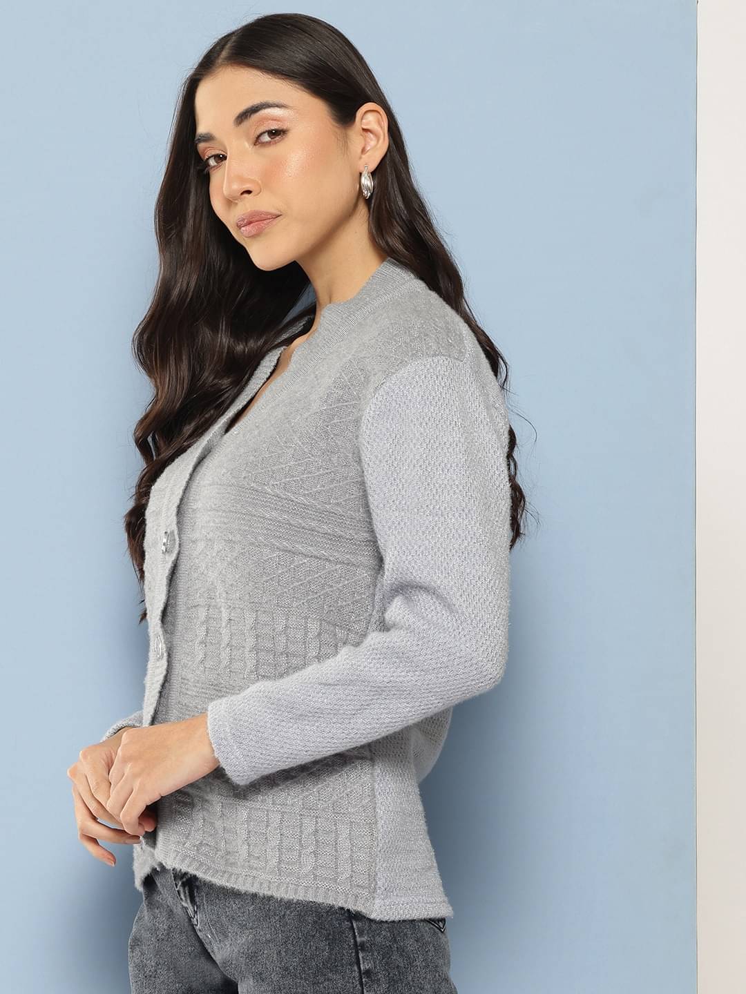 Aarika Women Woollen V-Neck Cardigan ( Grey )     			Aarika Women Woollen V-Neck Cardigan ( Grey )