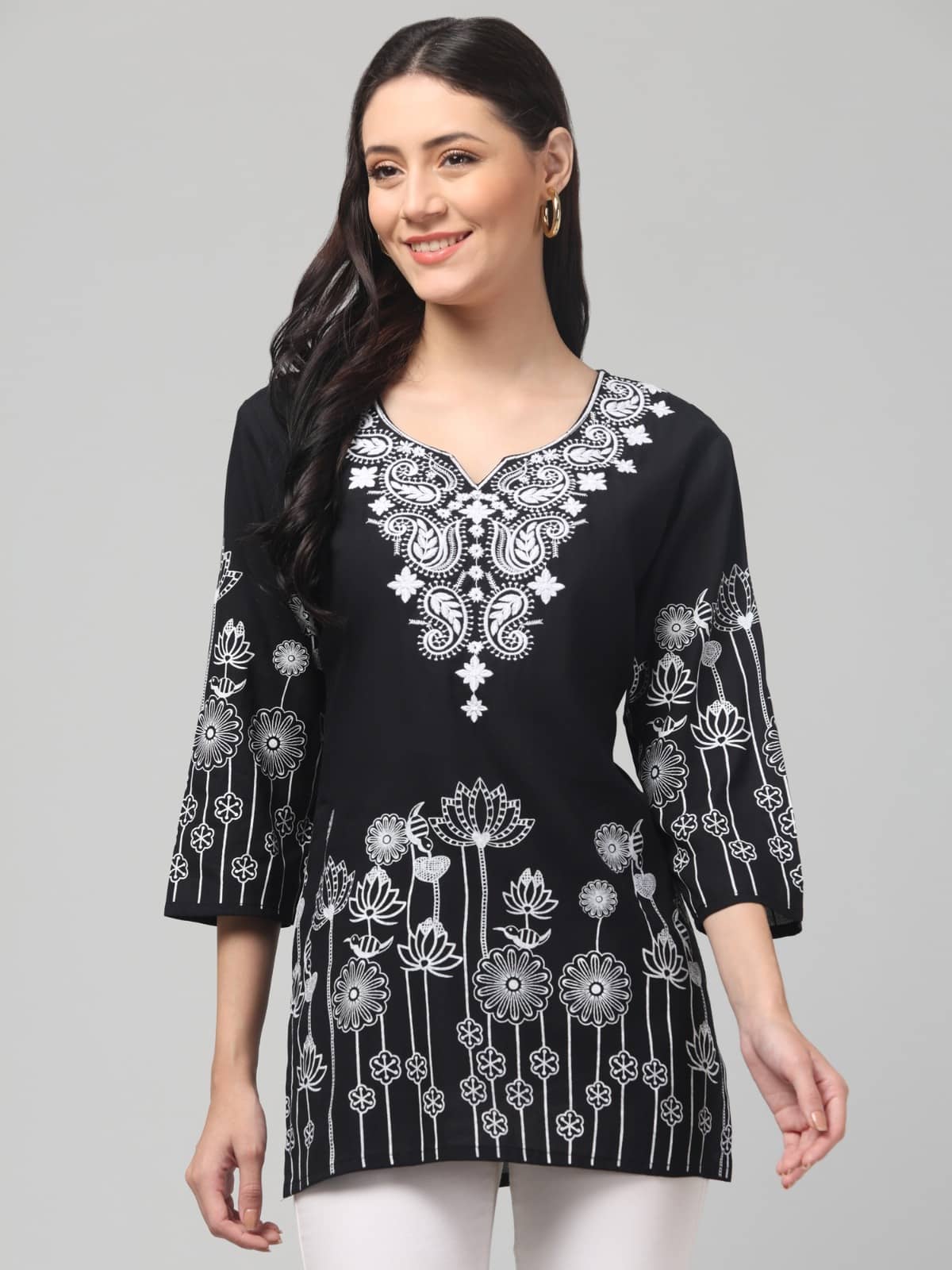 Aura Glam Women Rayon Embroidered A-line Kurti ( Black ) - Kurtis, Tunics | Buy online on ZillyBuy