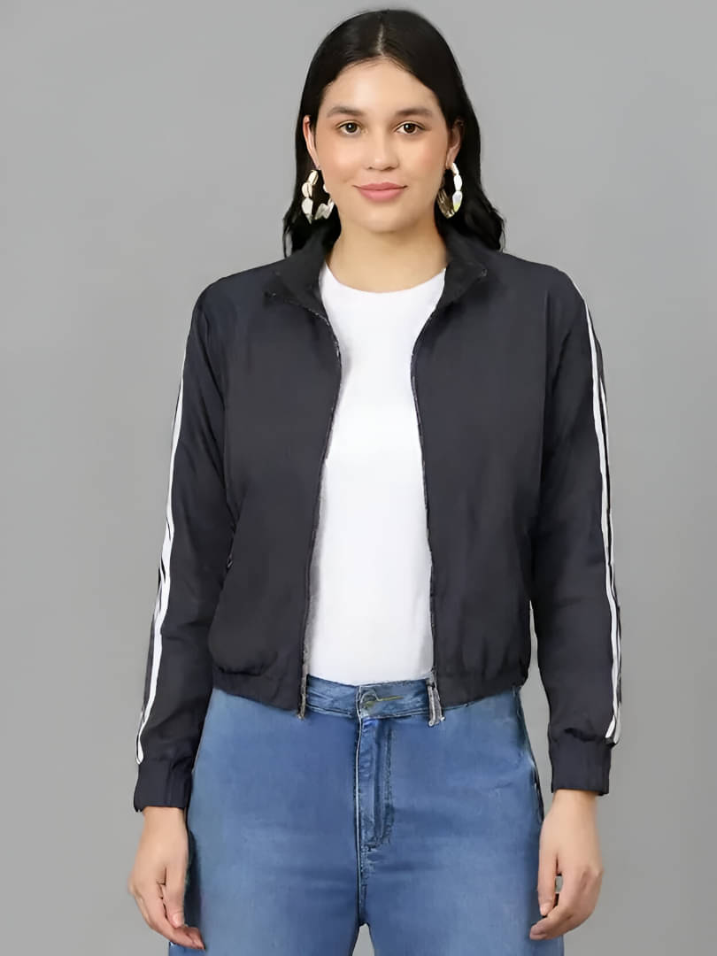     			CADMON Women Round Neck Regular Jacket ( Black )