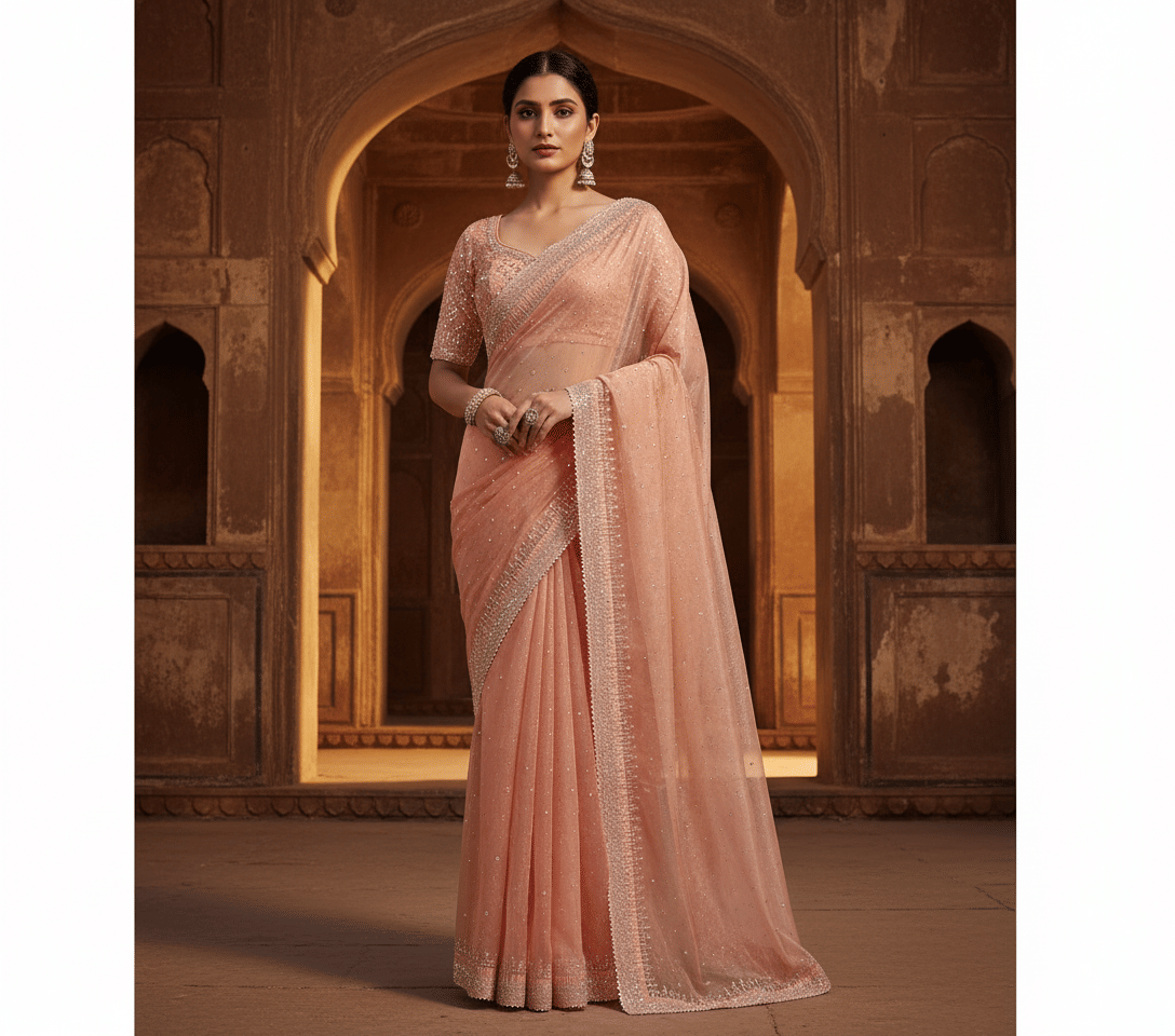 GENERIC SUDEV Net Embellished Regular Saree With Unstitched Blouse Piece ( Peach ) GENERIC SUDEV Net Embellished Regular Saree With Unstitched Blouse Piece ( Peach )