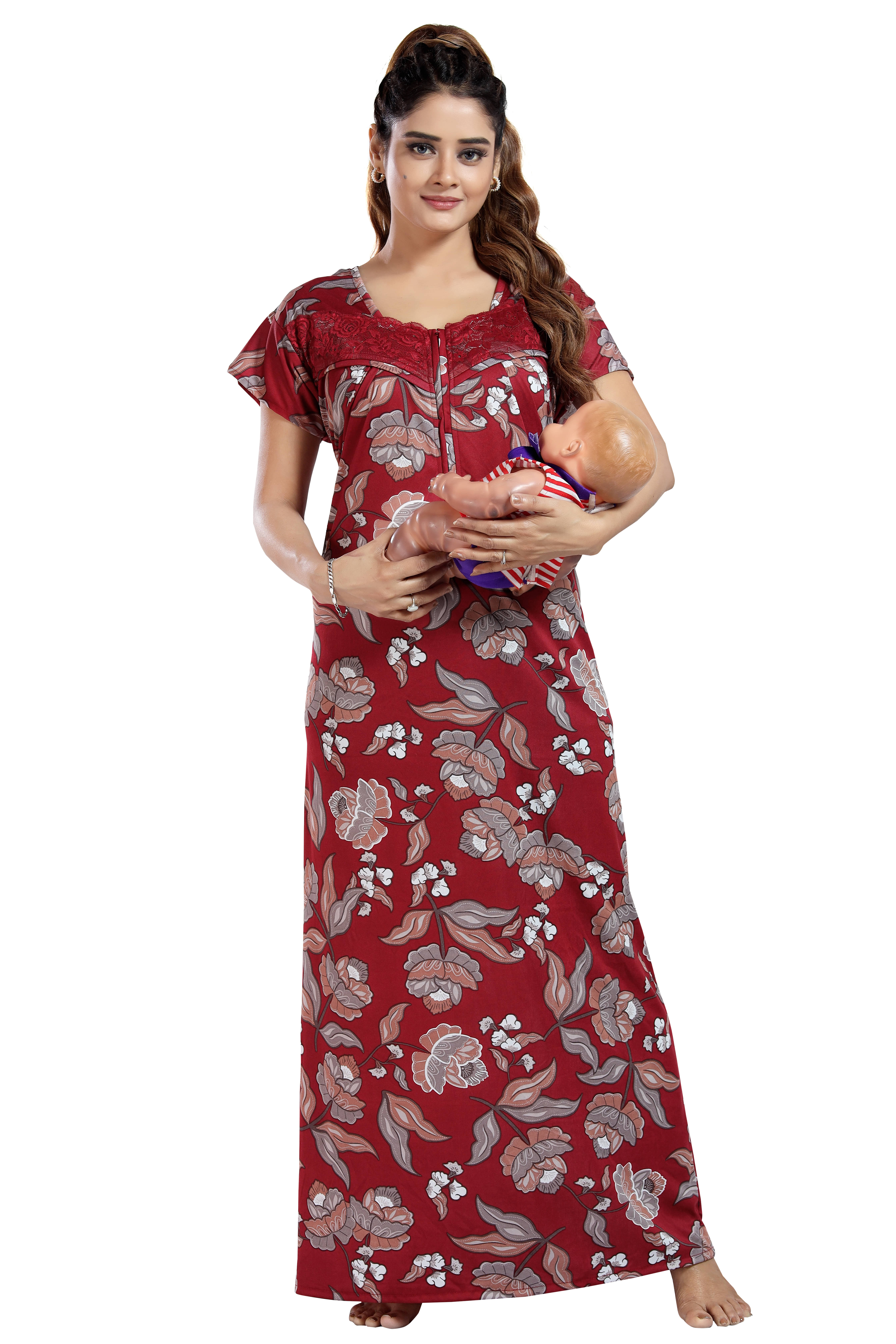     			Gutthi Satin Printed Women Maternity Nighty ( Red )