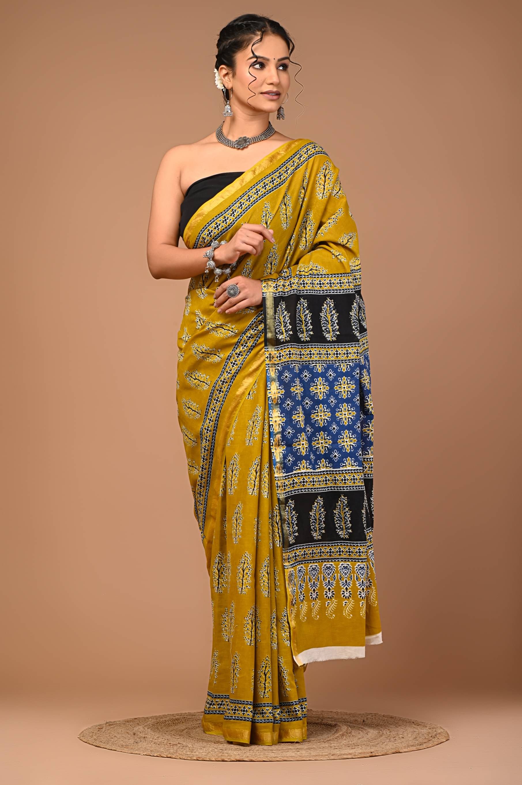     			Lovwear Cotton Printed Regular Saree With Unstitched Blouse Piece ( Mustard )