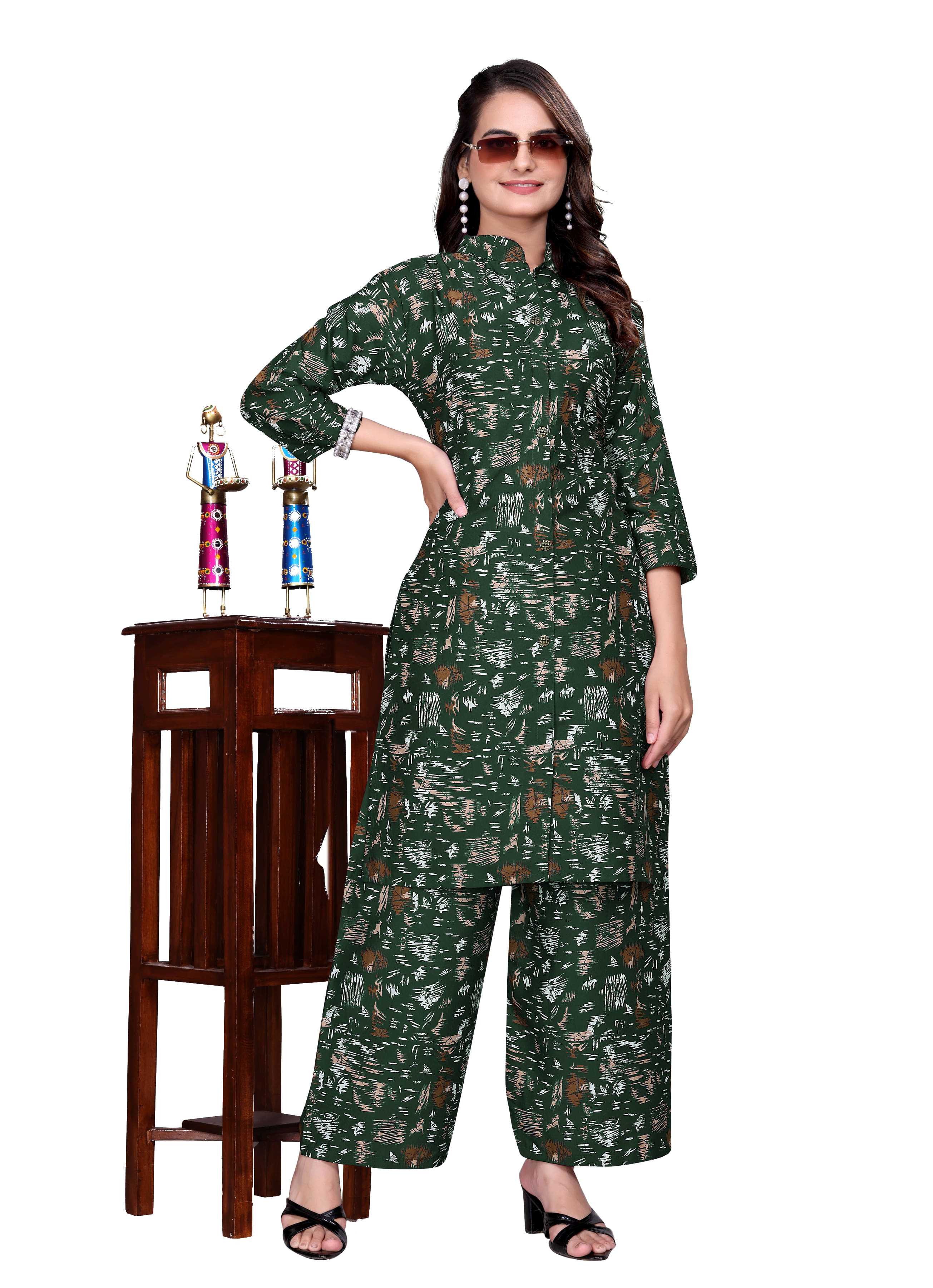     			NIVLTA DESIGNER Women Crepe Printed A-line Kurti With Palazzo ( Green )