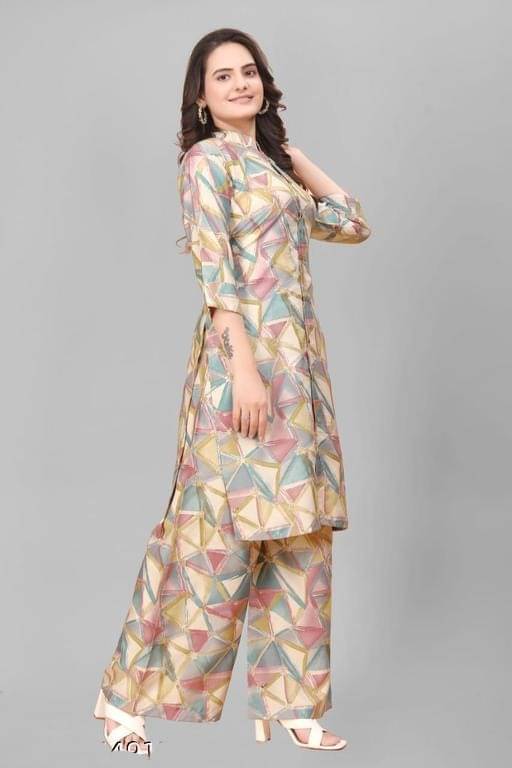 NIVLTA DESIGNER Women Crepe Printed A-line Kurti With Palazzo ( Peach )     			NIVLTA DESIGNER Women Crepe Printed A-line Kurti With Palazzo ( Peach )