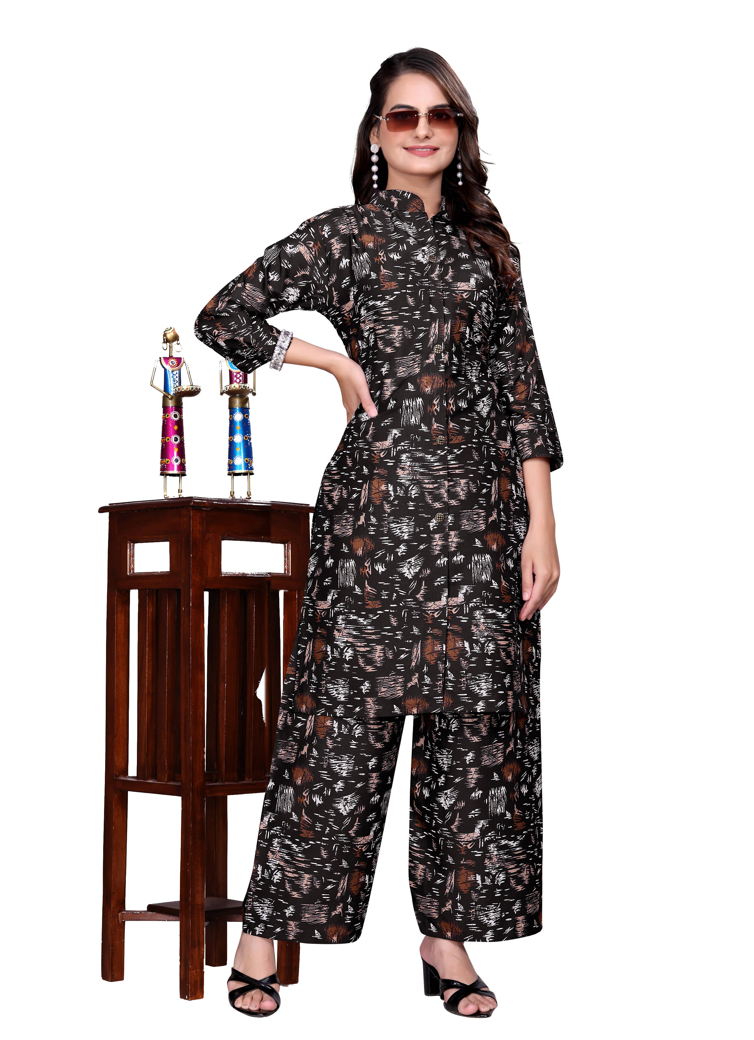     			NIVLTA DESIGNER Women Crepe Printed A-line Kurti With Palazzo ( Black )