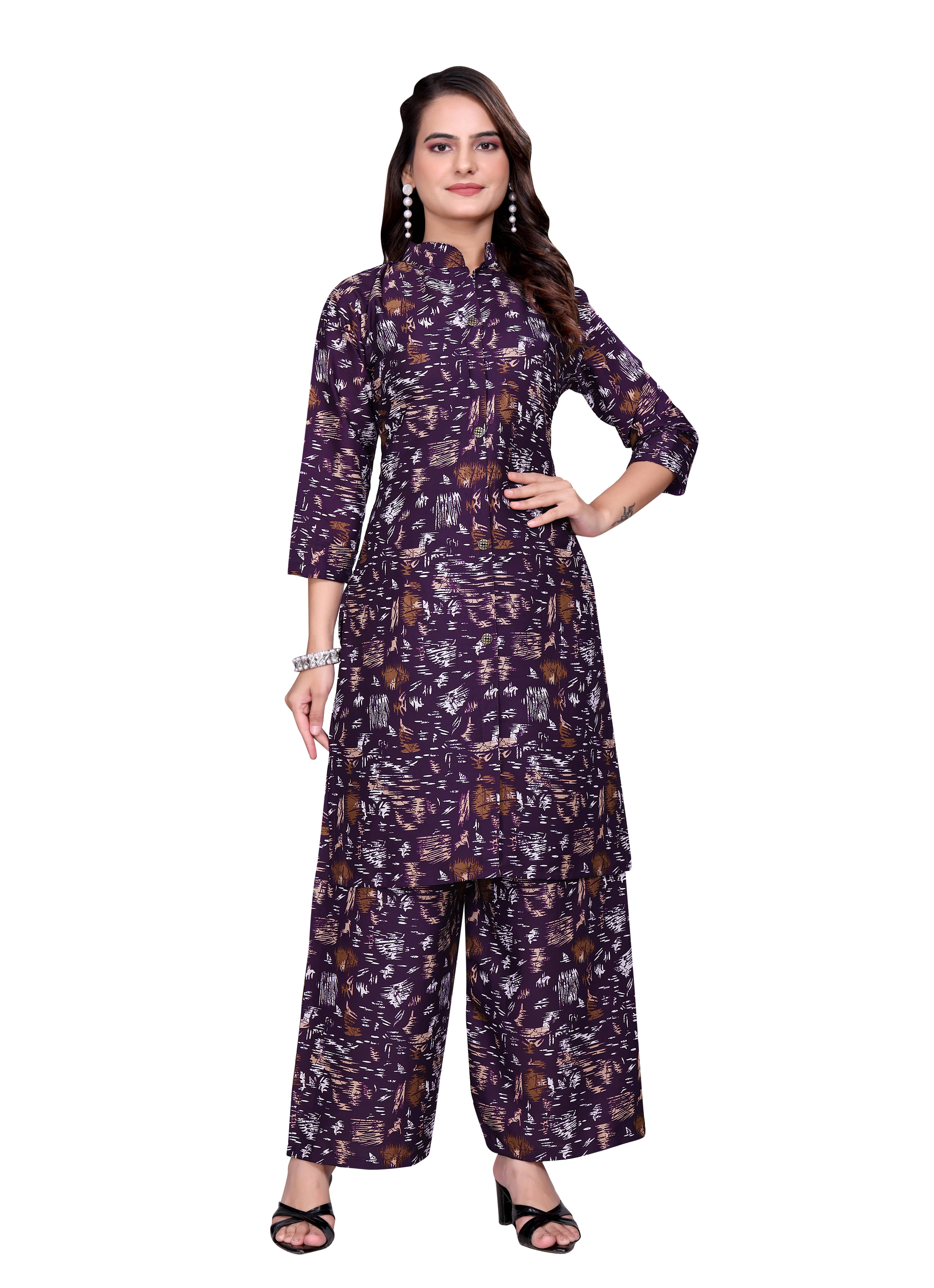     			NIVLTA DESIGNER Women Crepe Printed A-line Kurti With Palazzo ( Wine )