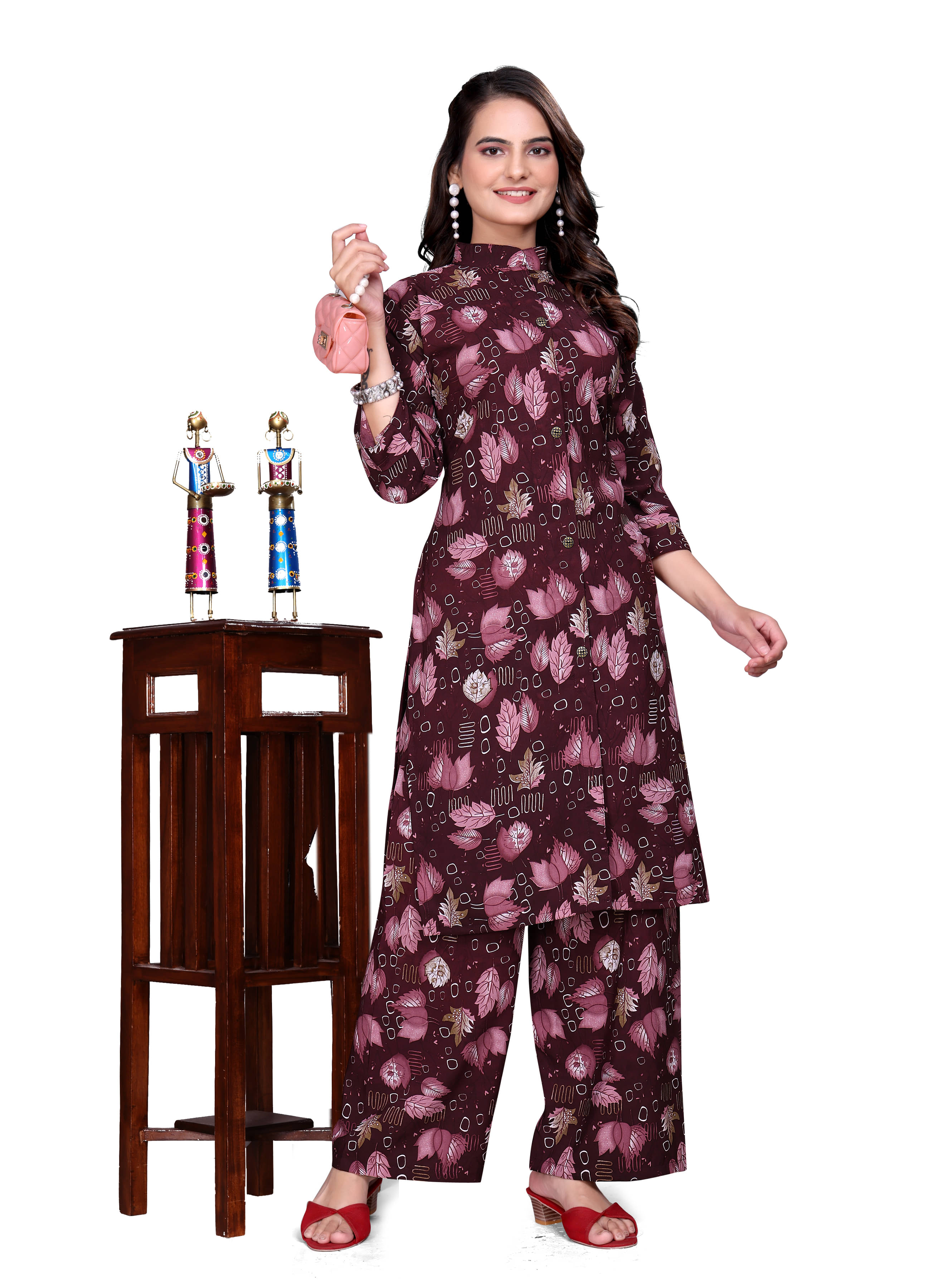 NIVLTA DESIGNER Women Crepe Printed A-line Kurti With Palazzo ( Wine ) NIVLTA DESIGNER Women Crepe Printed A-line Kurti With Palazzo ( Wine )