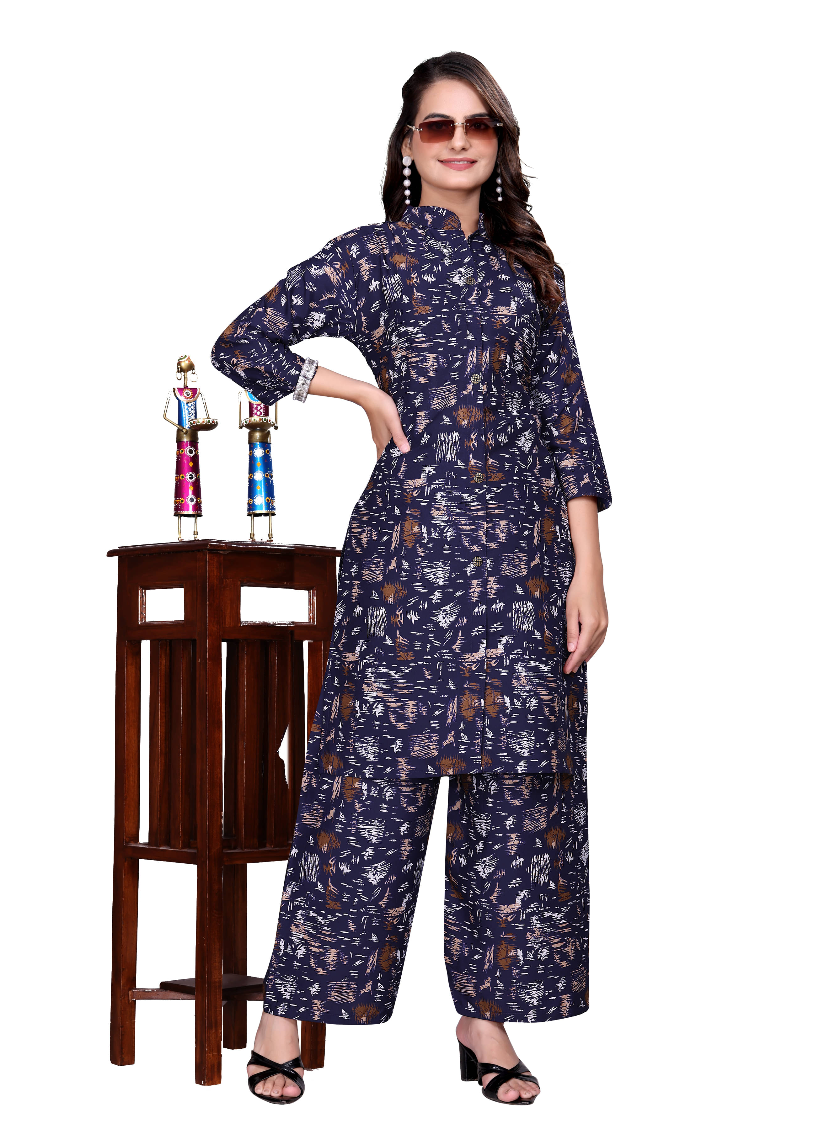     			NIVLTA DESIGNER Women Crepe Printed A-line Kurti With Palazzo ( Blue )