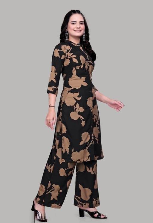     			NIVLTA DESIGNER Women Crepe Printed A-line Kurti With Palazzo ( Black )