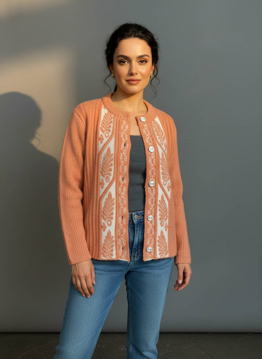 PROBASIC Women Woollen Mandarin Collar Cardigan ( Orange )     			PROBASIC Women Woollen Mandarin Collar Cardigan ( Orange )