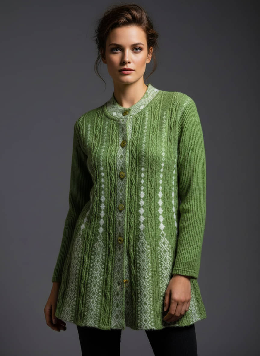 PROBASIC Women Woollen Mandarin Collar Cardigan ( Green )     			PROBASIC Women Woollen Mandarin Collar Cardigan ( Green )