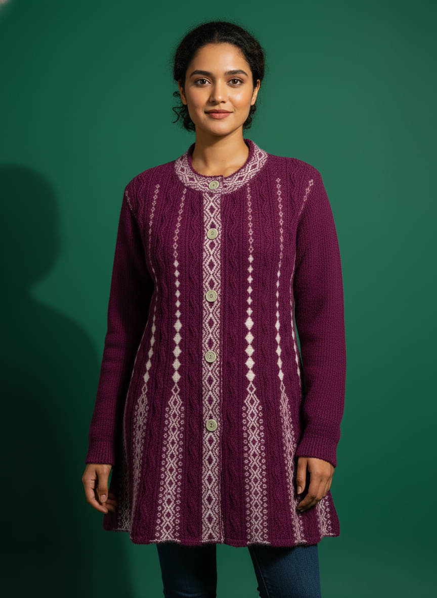 PROBASIC Women Woollen Mandarin Collar Cardigan ( Purple )     			PROBASIC Women Woollen Mandarin Collar Cardigan ( Purple )