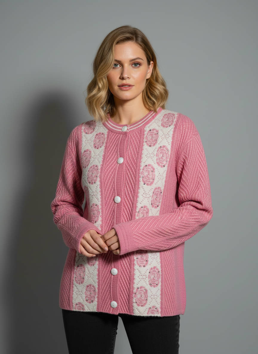 PROBASIC Women Woollen Mandarin Collar Cardigan ( Pink ) PROBASIC Women Woollen Mandarin Collar Cardigan ( Pink )