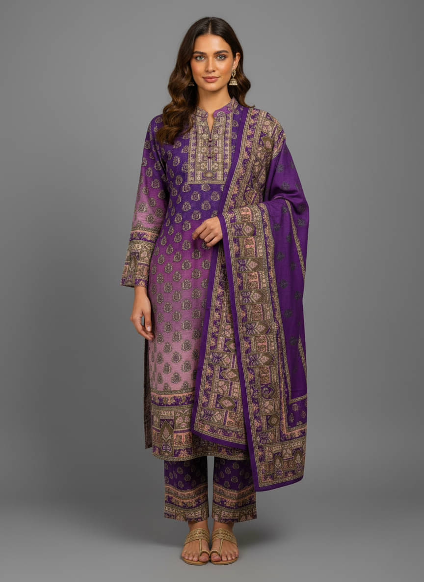 PROBASIC Women Woollen Printed A-line Kurti With Palazzo ( Purple )     			PROBASIC Women Woollen Printed A-line Kurti With Palazzo ( Purple )