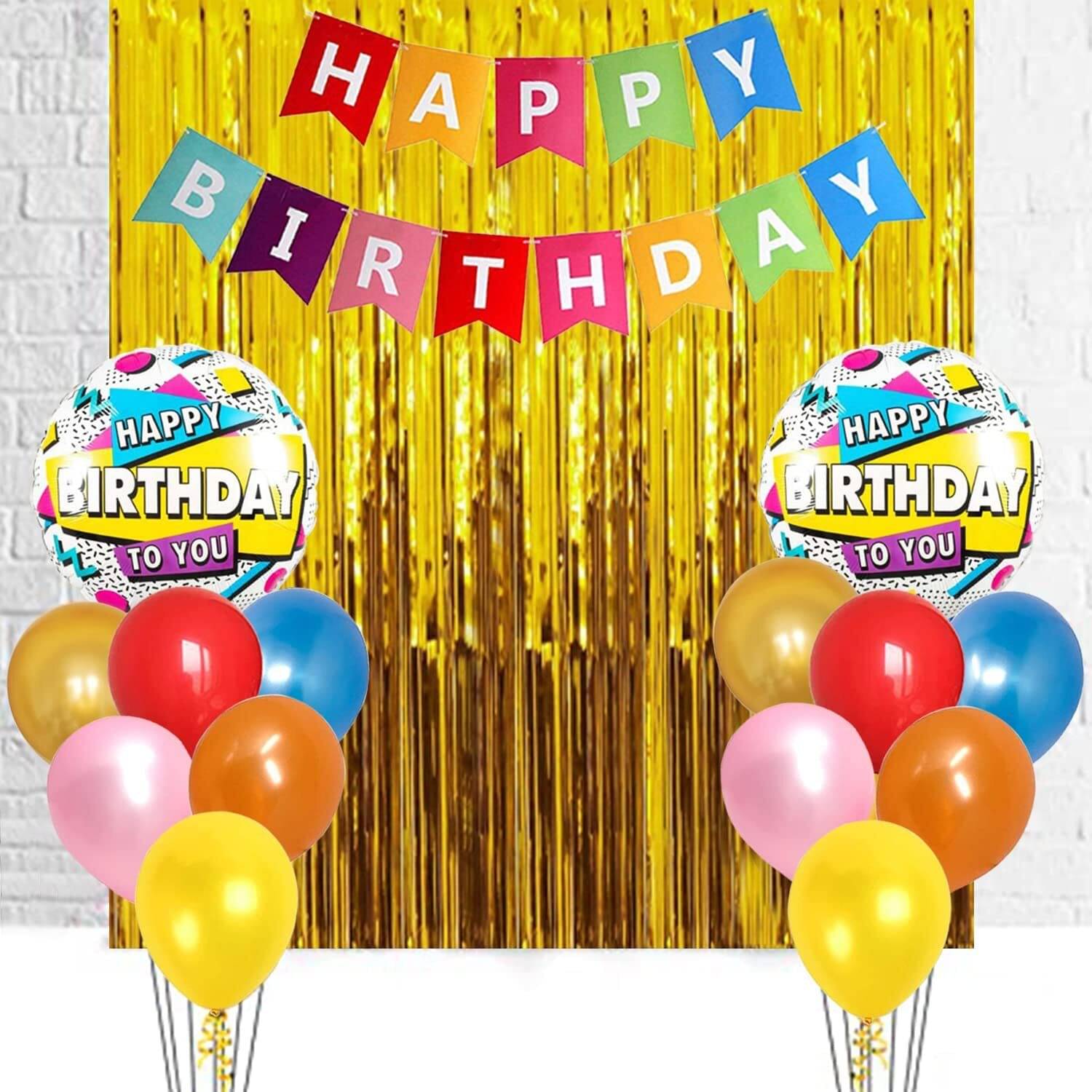     			Solid Happy Birthday Multi Banner / Curtain Birthday Backdrop / Foil Curtain Balloon (Multicolor, Pack of 18)