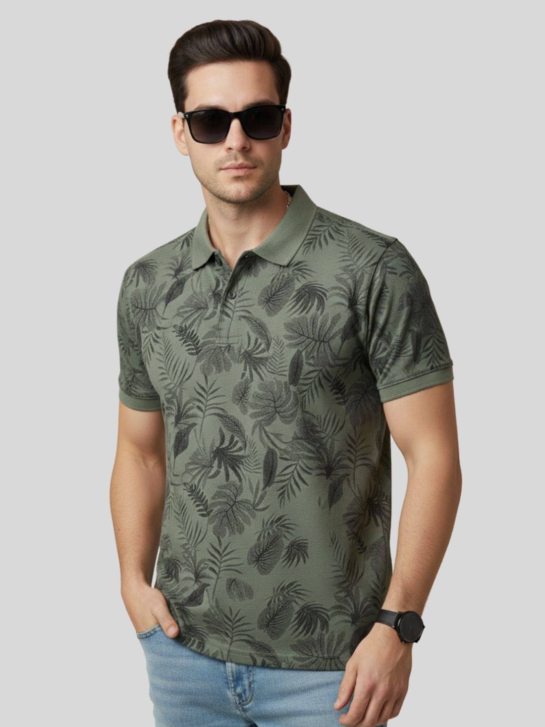     			TIMBER HITCH Men Cotton Blend Regular Fit Printed Polo T Shirt ( Olive )