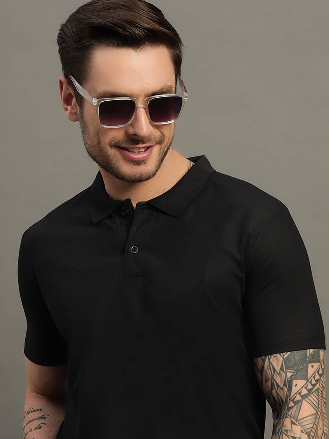 TIMBER HITCH Men Cotton Blend Regular Fit Solid Polo T Shirt ( Black )     			TIMBER HITCH Men Cotton Blend Regular Fit Solid Polo T Shirt ( Black )