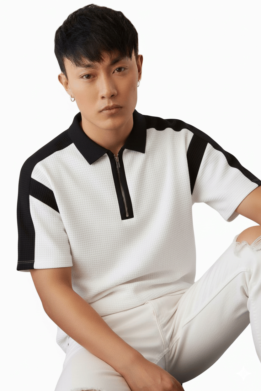     			Try This Men Cotton Blend Regular Fit Colorblock Polo T Shirt ( White )