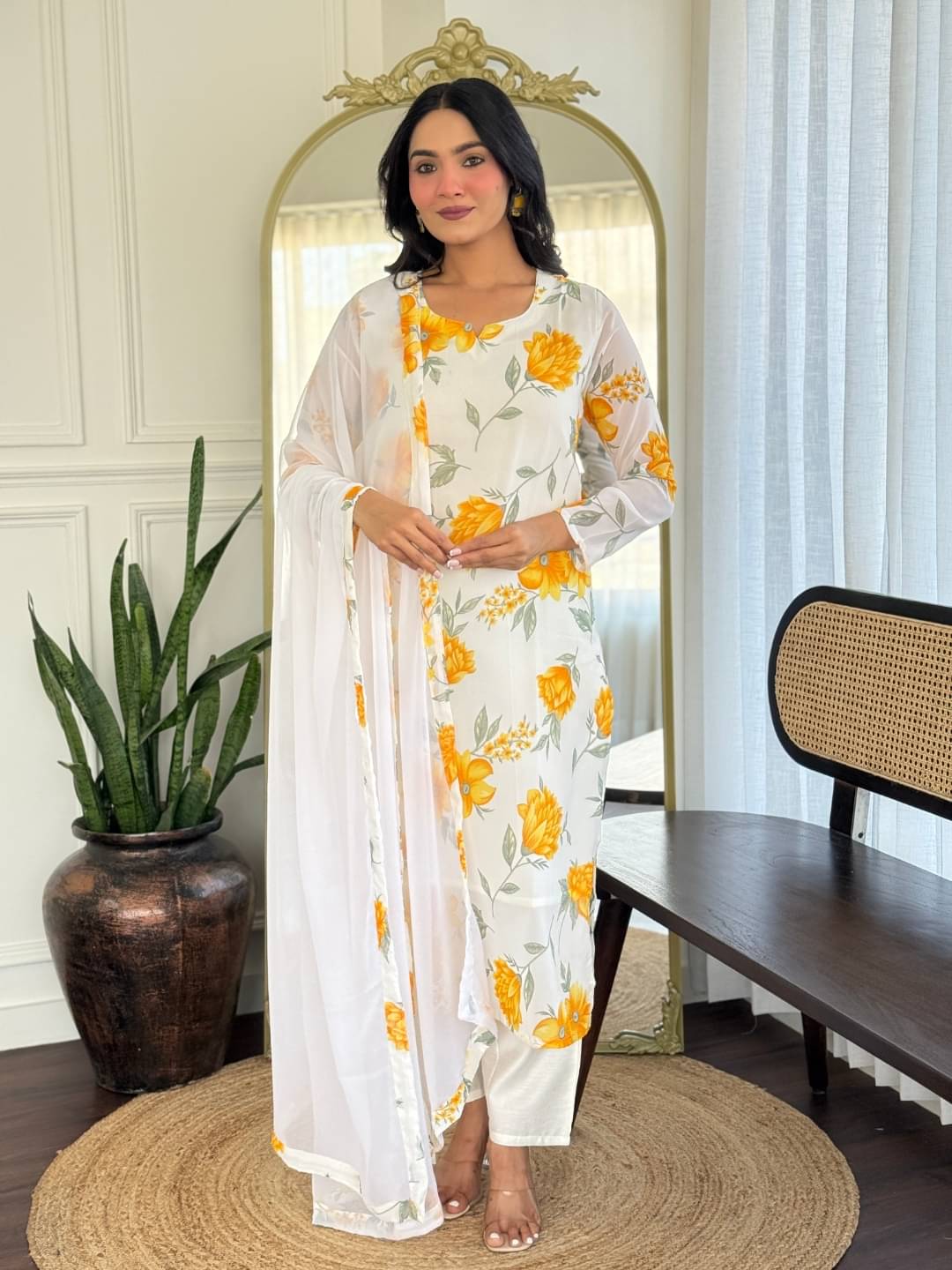 VS MALL Women Georgette Embroidered Straight Kurti With Pants ( Yellow )     			VS MALL Women Georgette Embroidered Straight Kurti With Pants ( Yellow )