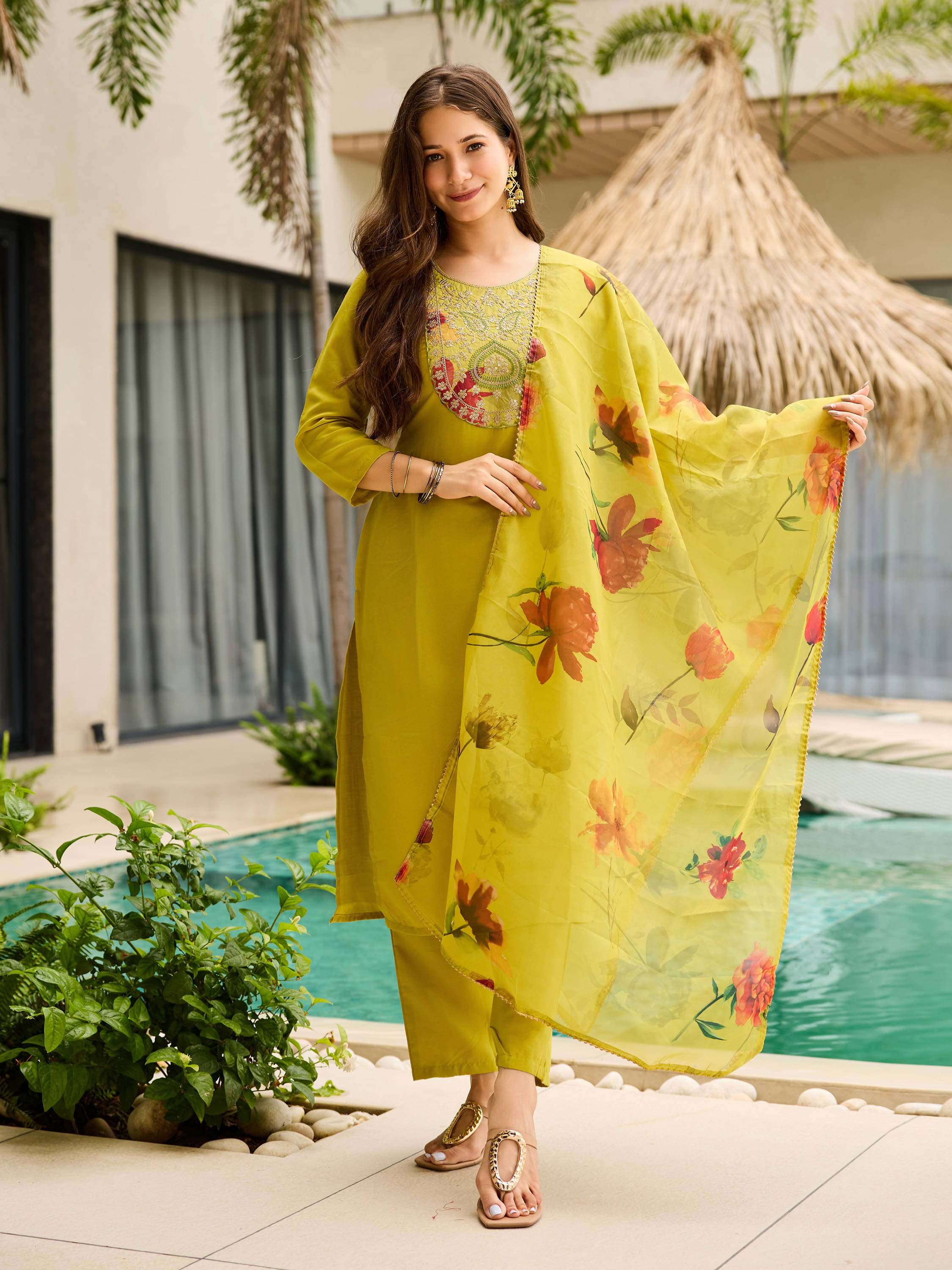 VS MALL Women Rayon Embroidered Straight Kurti With Pants ( Yellow )     			VS MALL Women Rayon Embroidered Straight Kurti With Pants ( Yellow )
