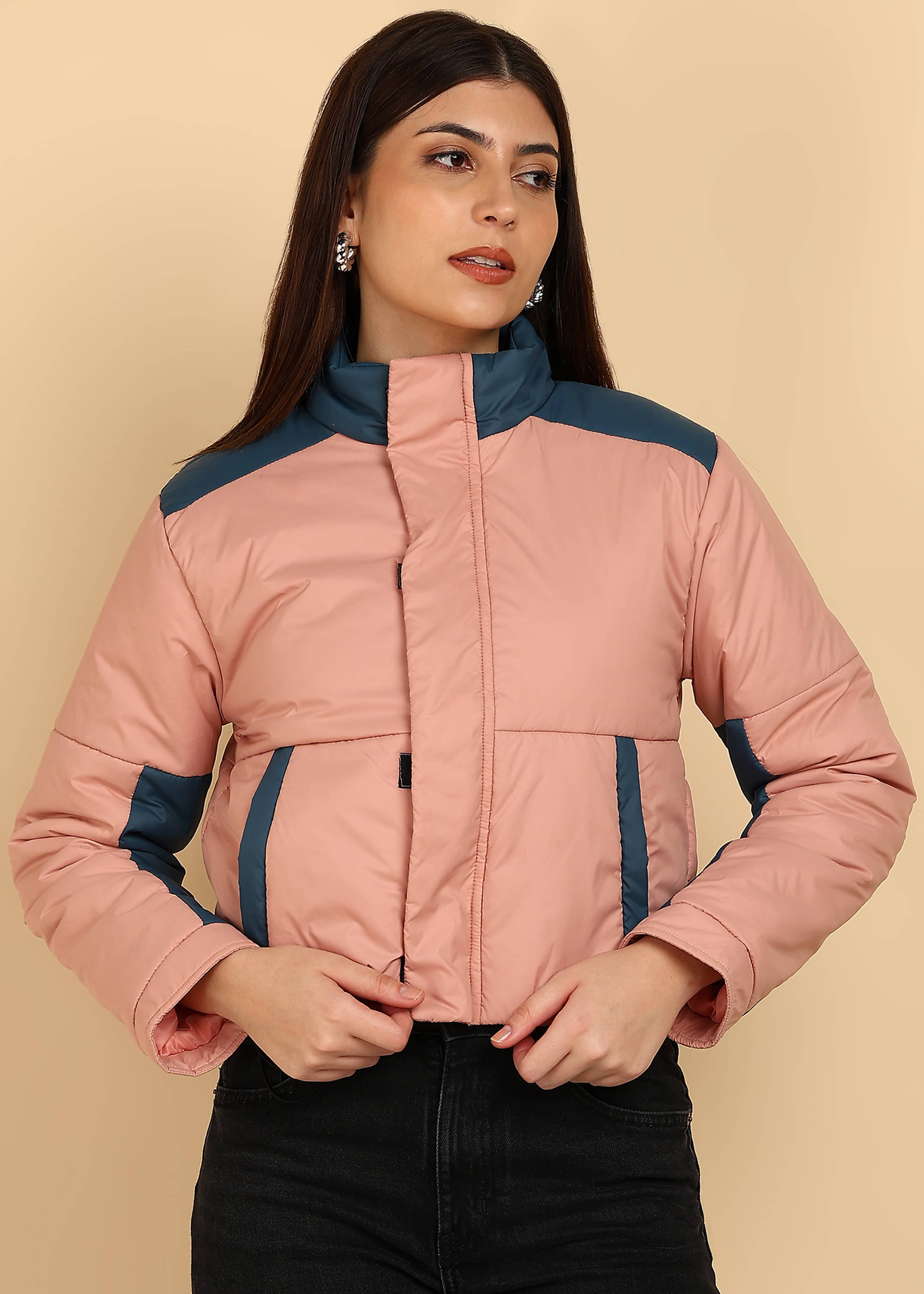 XFOX Women High Neck Puffer Jacket ( Peach )     			XFOX Women High Neck Puffer Jacket ( Peach )