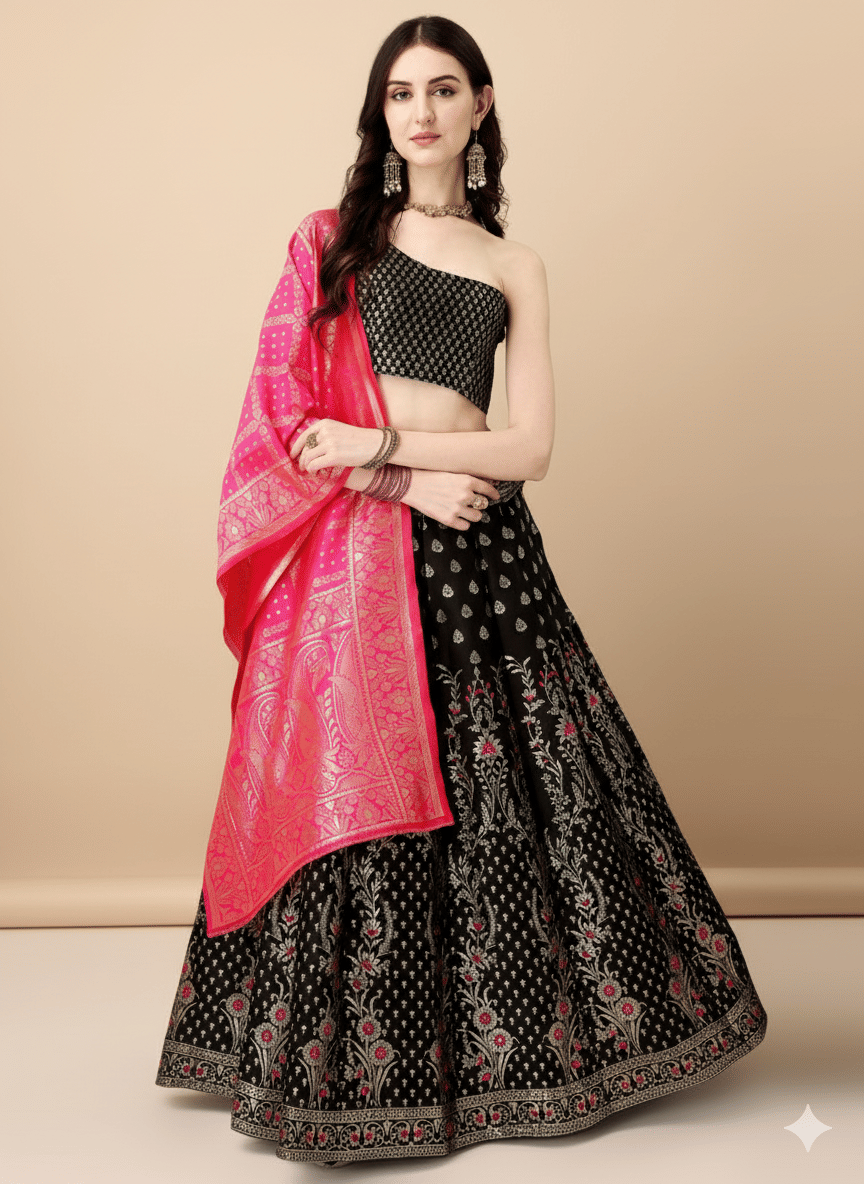 jivuba Women Silk Paneled Semi Stitched Lehenga Choli ( Black ) jivuba Women Silk Paneled Semi Stitched Lehenga Choli ( Black )