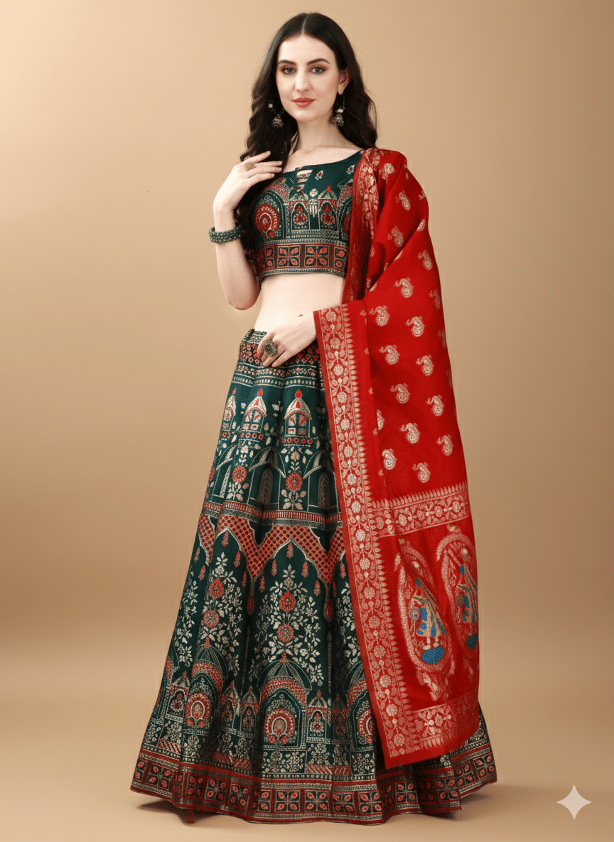 jivuba Women Silk Paneled Semi Stitched Lehenga Choli ( Green )     			jivuba Women Silk Paneled Semi Stitched Lehenga Choli ( Green )