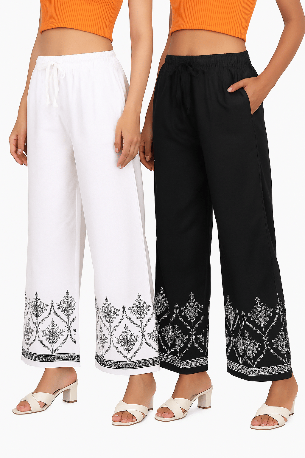 4k fashion Women Rayon Embroidered Palazzos ( Black,White ) 4k fashion Women Rayon Embroidered Palazzos ( Black,White )