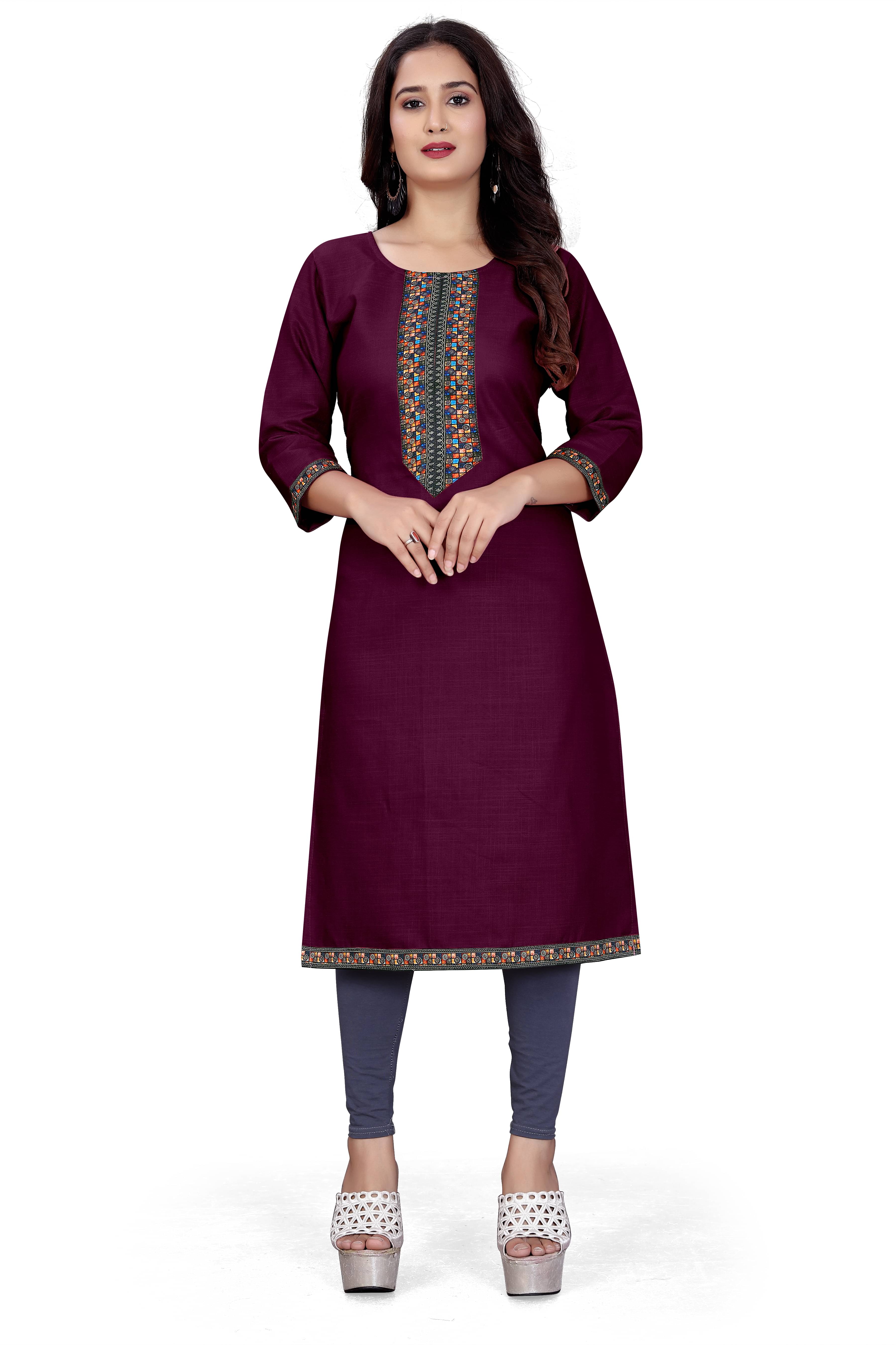     			DHANSHREE TEX Women Viscose Rayon Embellished A-line Kurti ( Wine )