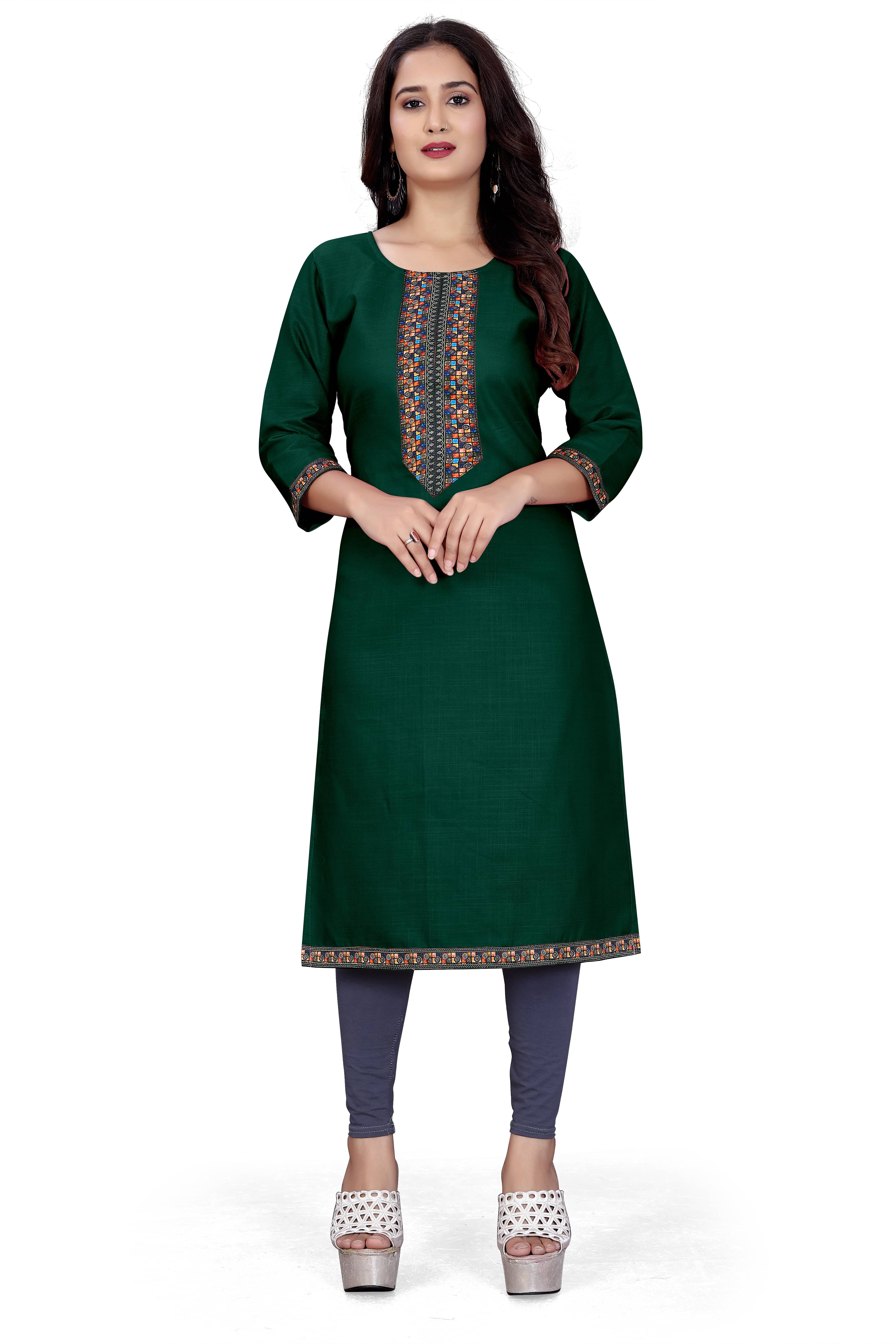     			DHANSHREE TEX Women Viscose Rayon Embellished A-line Kurti ( Green )