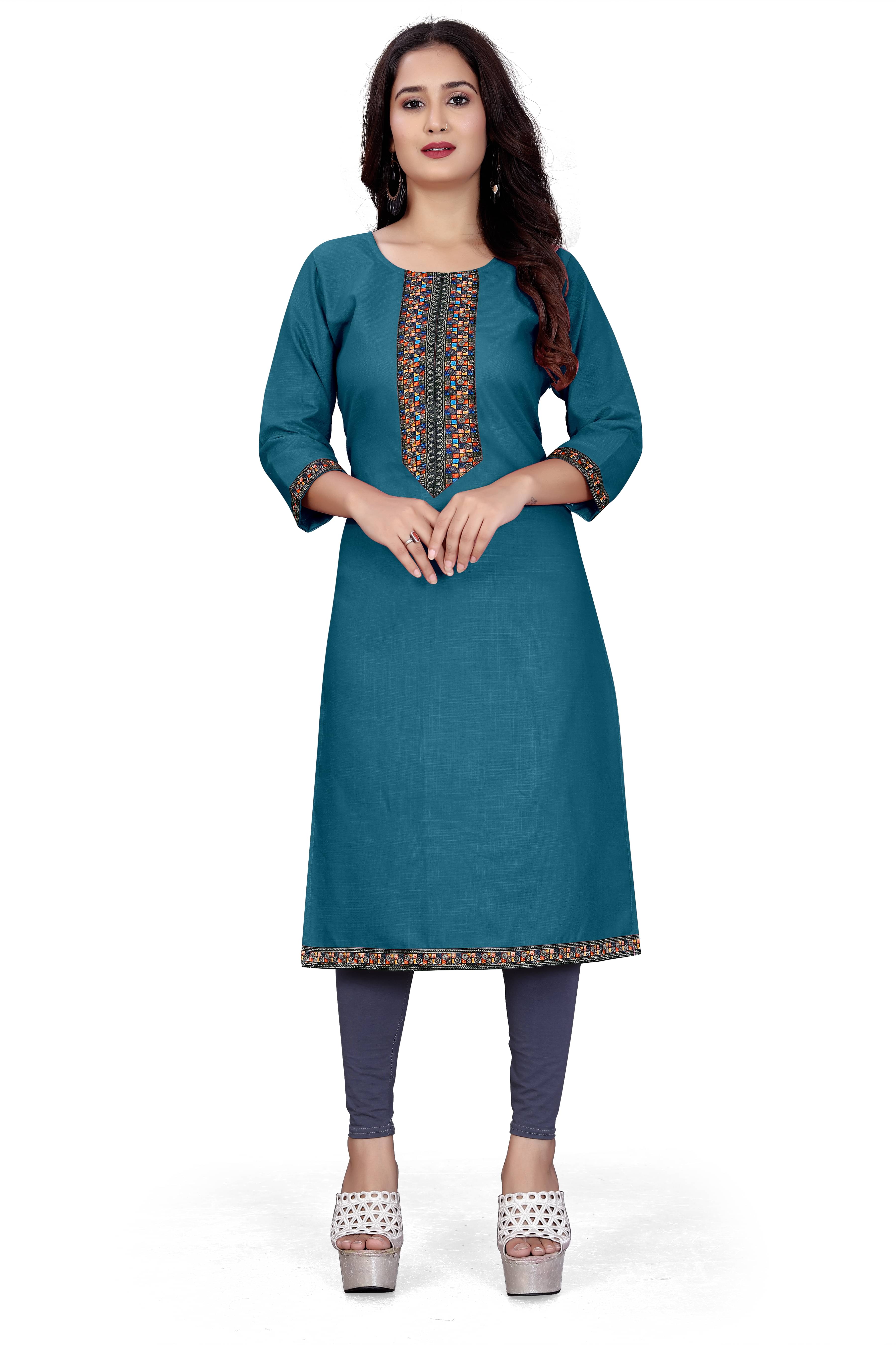 DHANSHREE TEX Women Viscose Rayon Embellished A-line Kurti ( Blue ) DHANSHREE TEX Women Viscose Rayon Embellished A-line Kurti ( Blue )