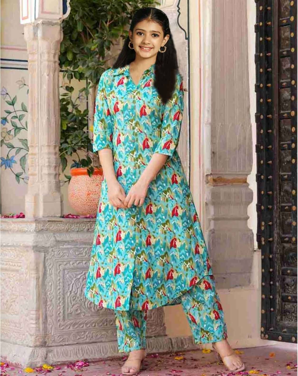 Deepkala Designer Girls Cotton Blend Kurti with Pants ( Pack of 1 , Light Blue ) Deepkala Designer Girls Cotton Blend Kurti with Pants ( Pack of 1 , Light Blue )