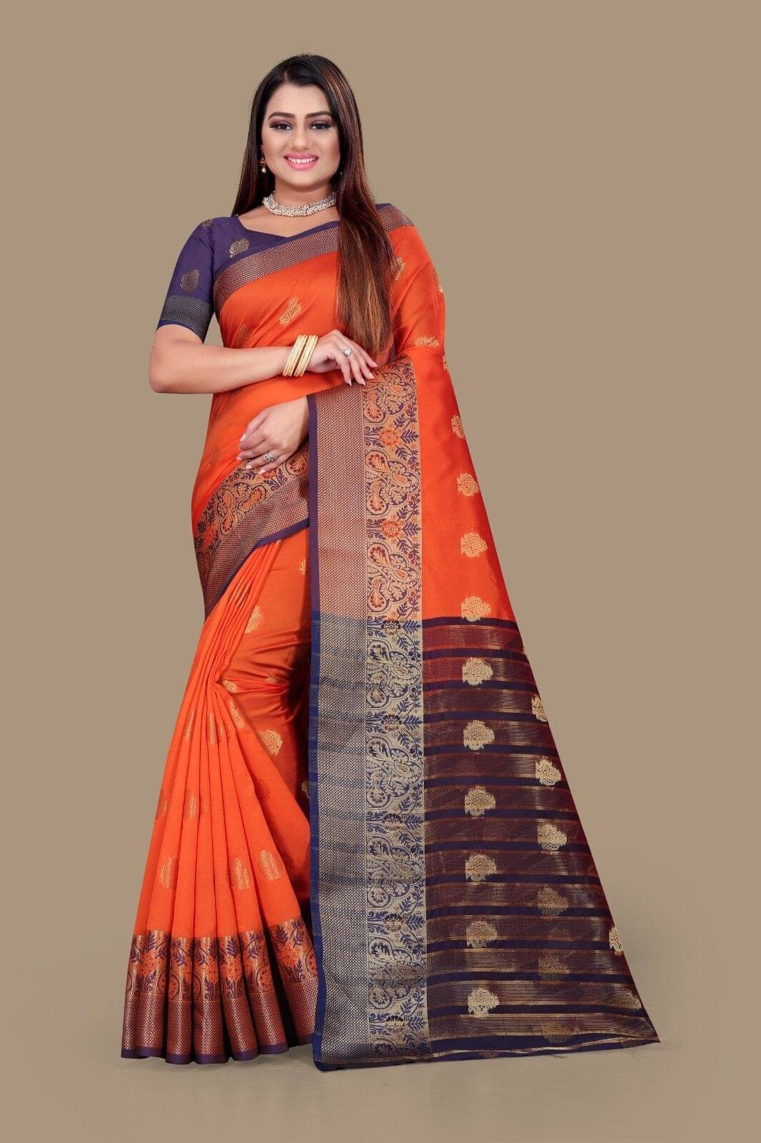     			JS Clothing Mart Cotton Blend Woven Design Kanjeevaram Sarees With Unstitched Blouse Piece ( Orange )