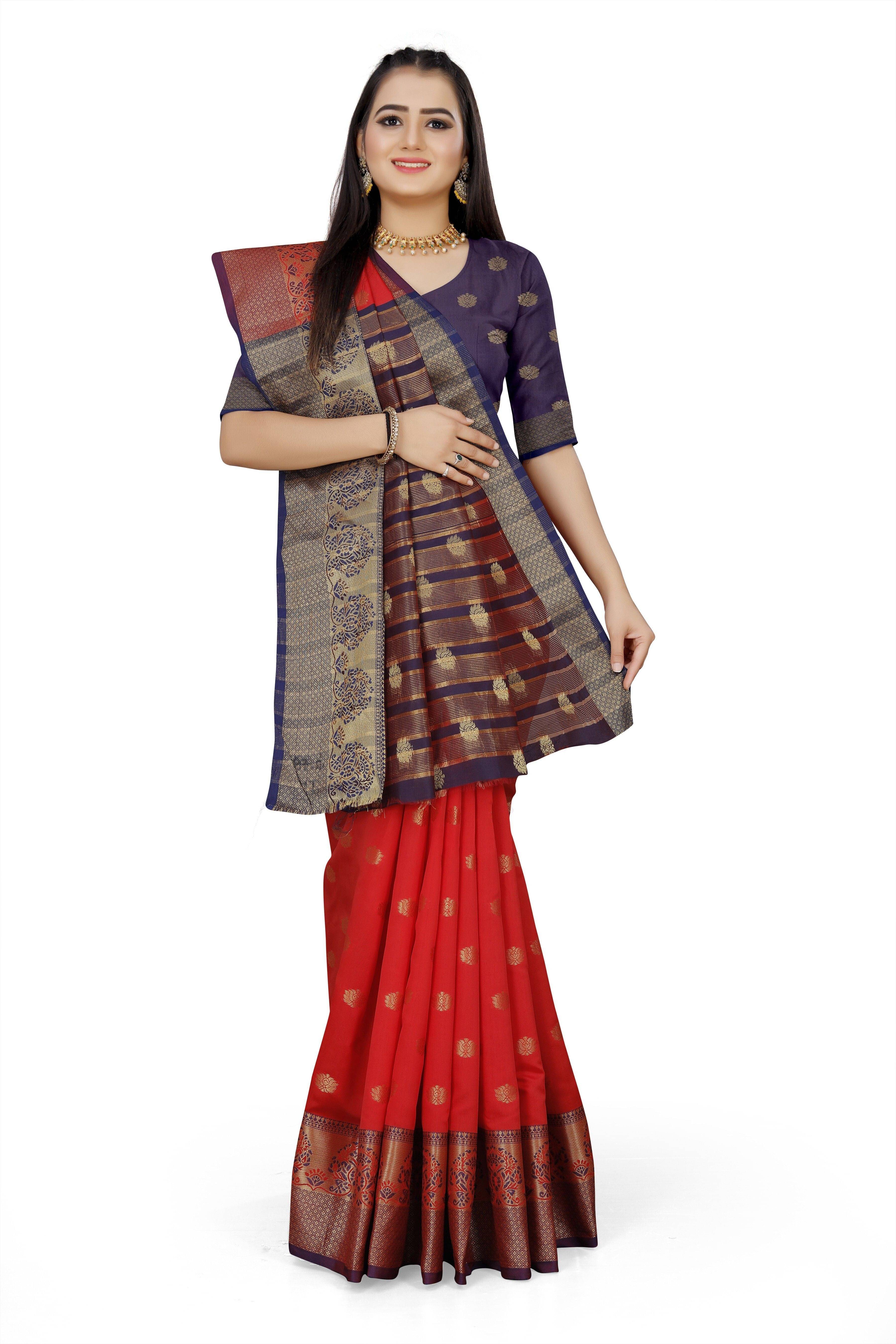     			JS Clothing Mart Cotton Silk Woven Design Kanjeevaram Sarees With Unstitched Blouse Piece ( Red )