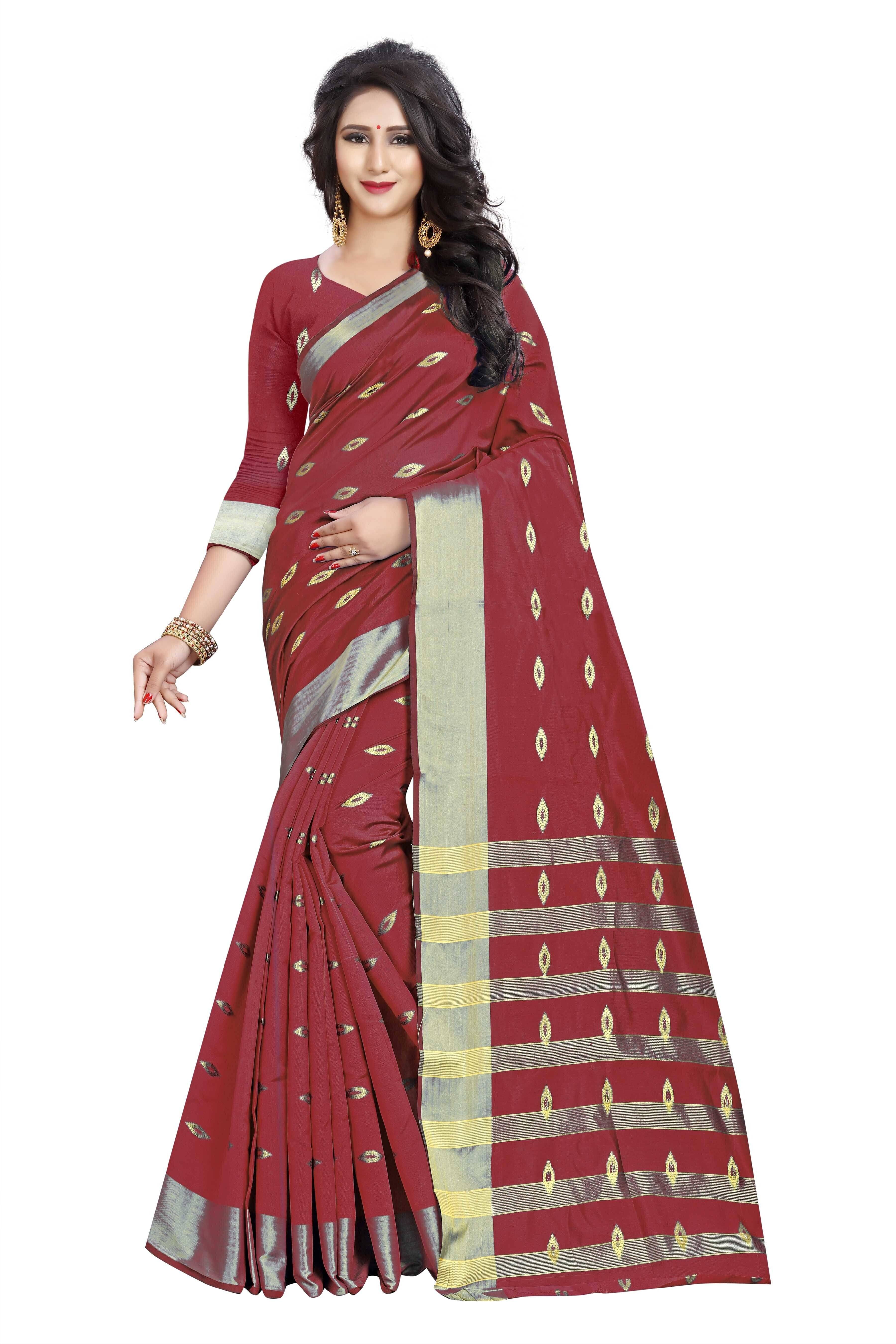     			JS Clothing Mart Cotton Silk Woven Design Banarasi saree With Unstitched Blouse Piece ( Red )