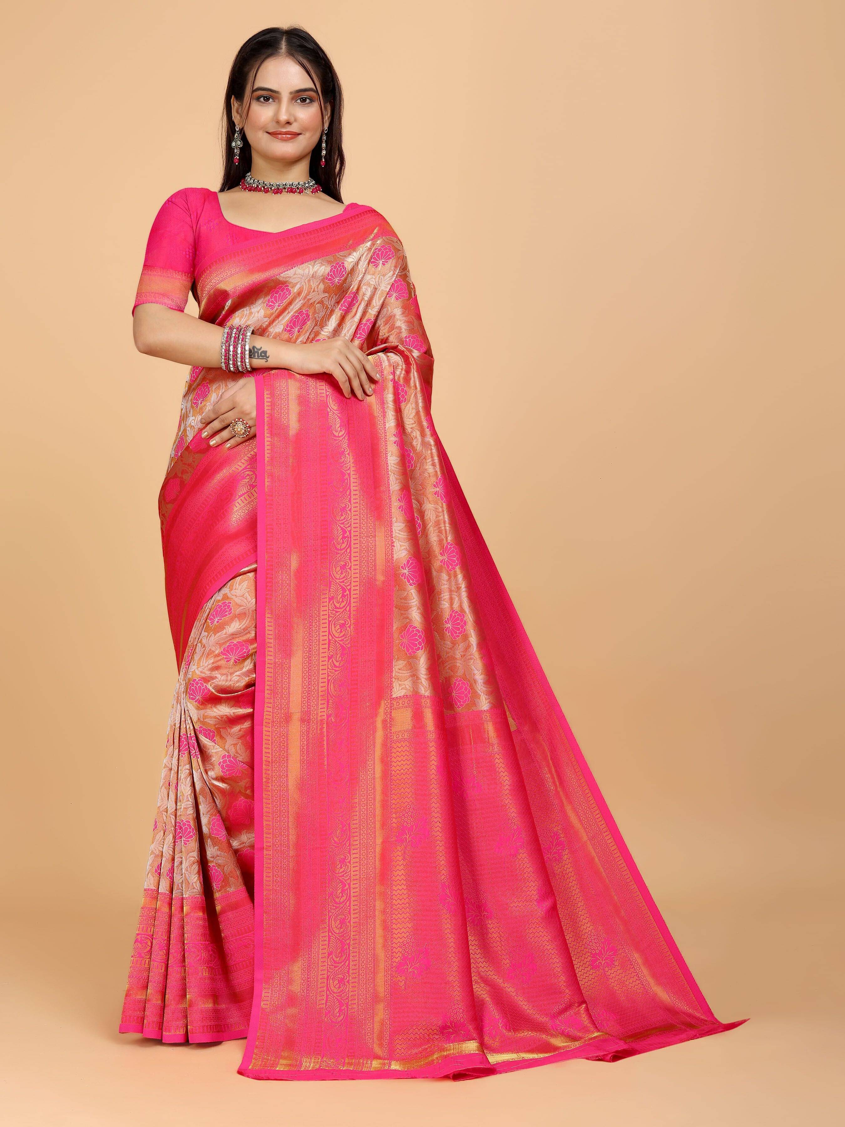 JS Clothing Mart Organza Woven Design Kanjeevaram Sarees With Unstitched Blouse Piece ( Pink ) JS Clothing Mart Organza Woven Design Kanjeevaram Sarees With Unstitched Blouse Piece ( Pink )