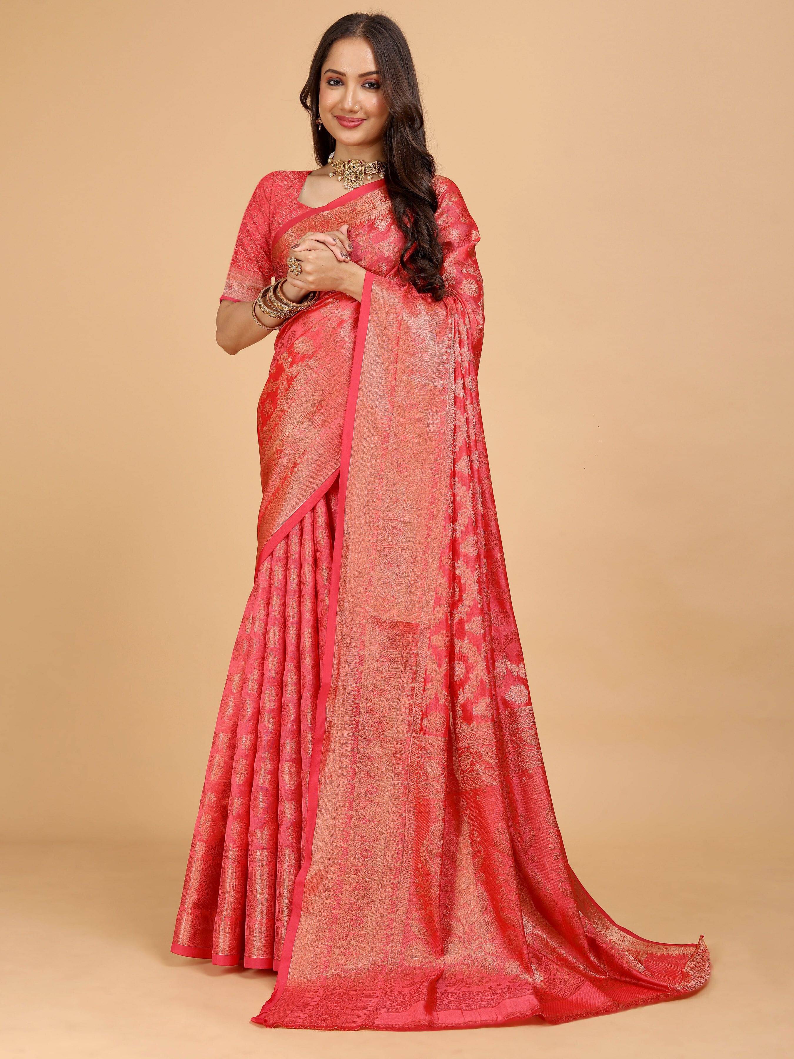     			JS Clothing Mart Organza Woven Design Kanjeevaram Sarees With Unstitched Blouse Piece ( Magenta )