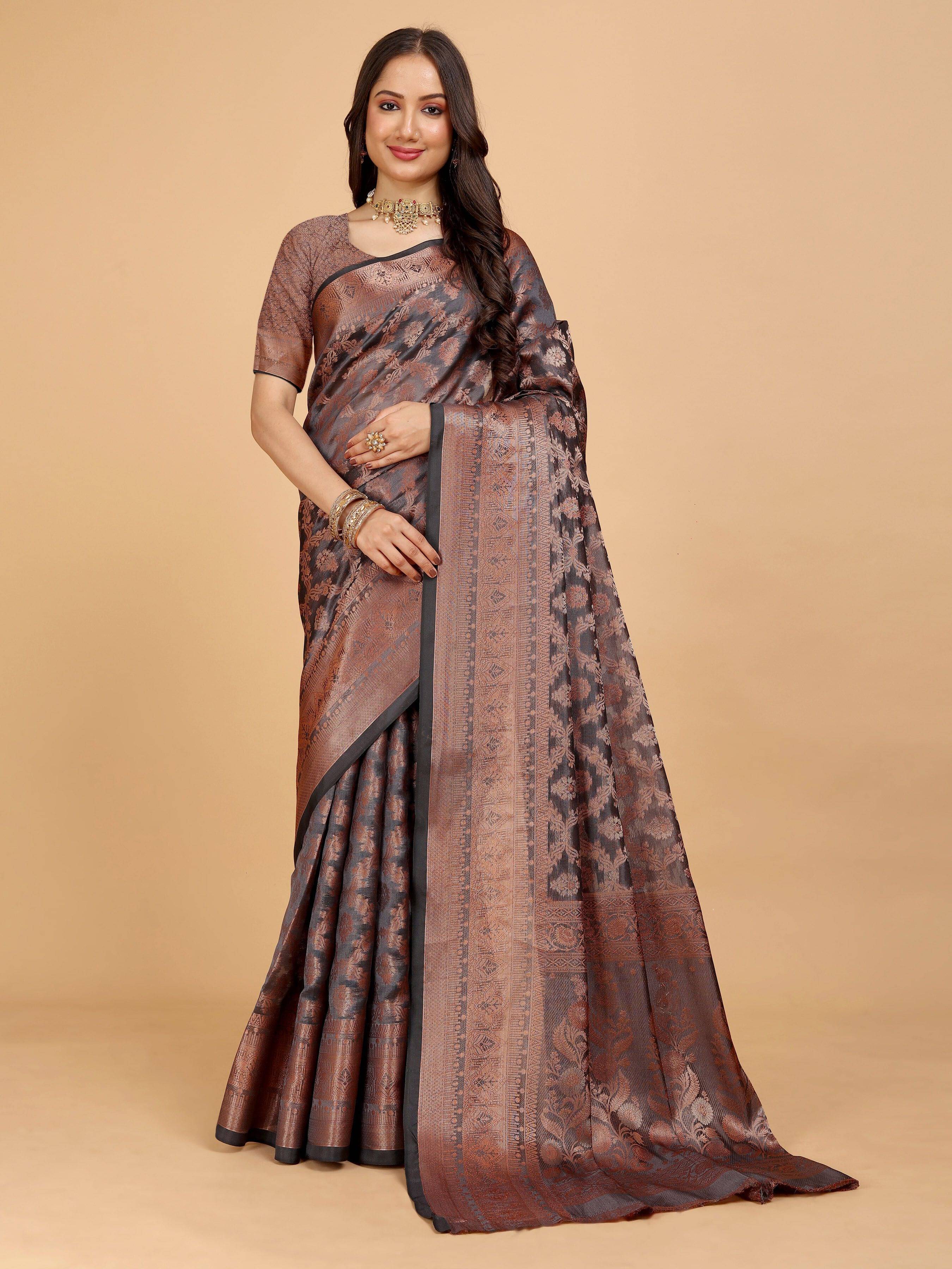 JS Clothing Mart Organza Woven Design Kanjeevaram Sarees With Unstitched Blouse Piece ( Brown ) JS Clothing Mart Organza Woven Design Kanjeevaram Sarees With Unstitched Blouse Piece ( Brown )