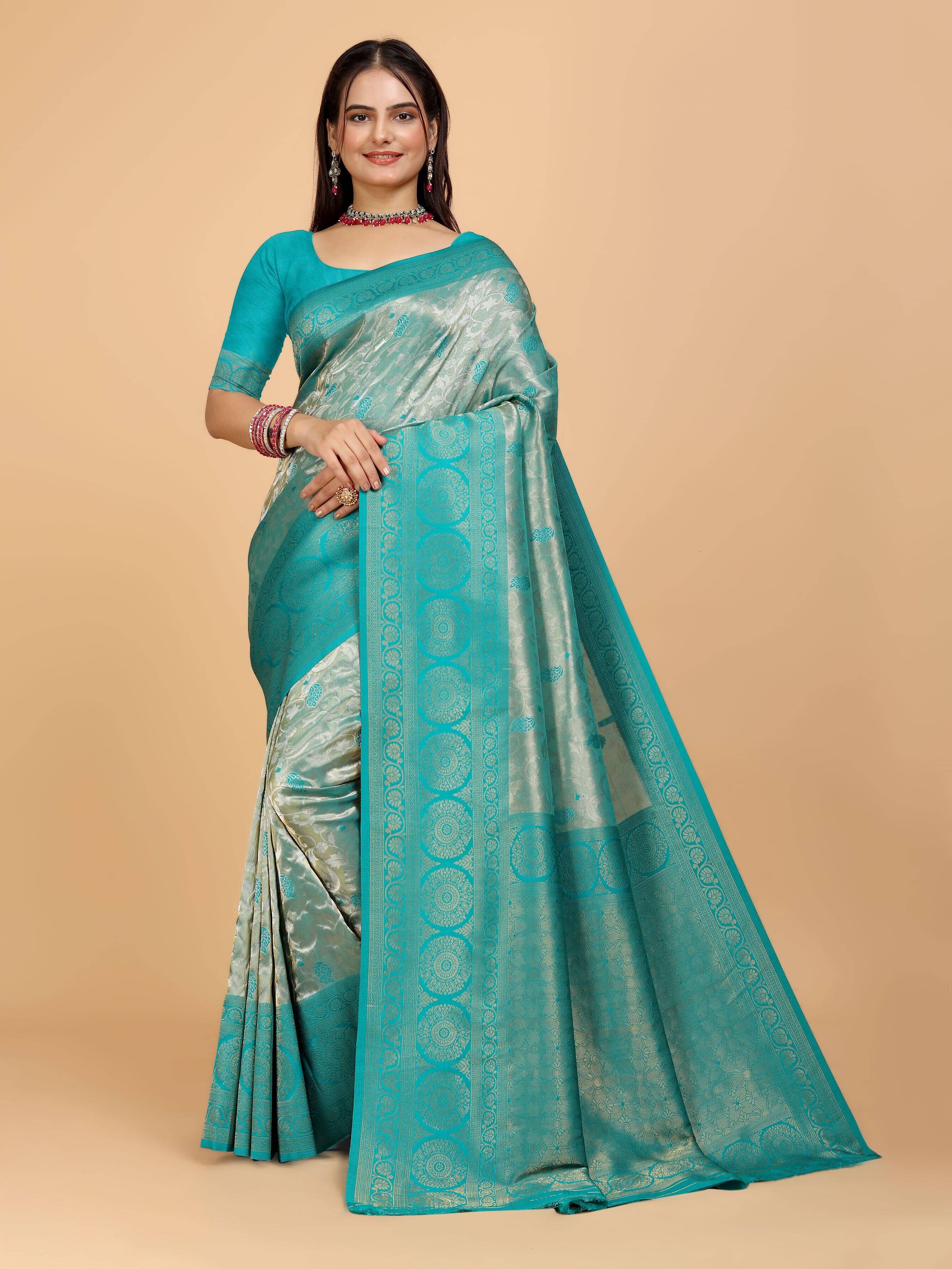     			JS Clothing Mart Organza Woven Design Kanjeevaram Sarees With Unstitched Blouse Piece ( Light Blue )
