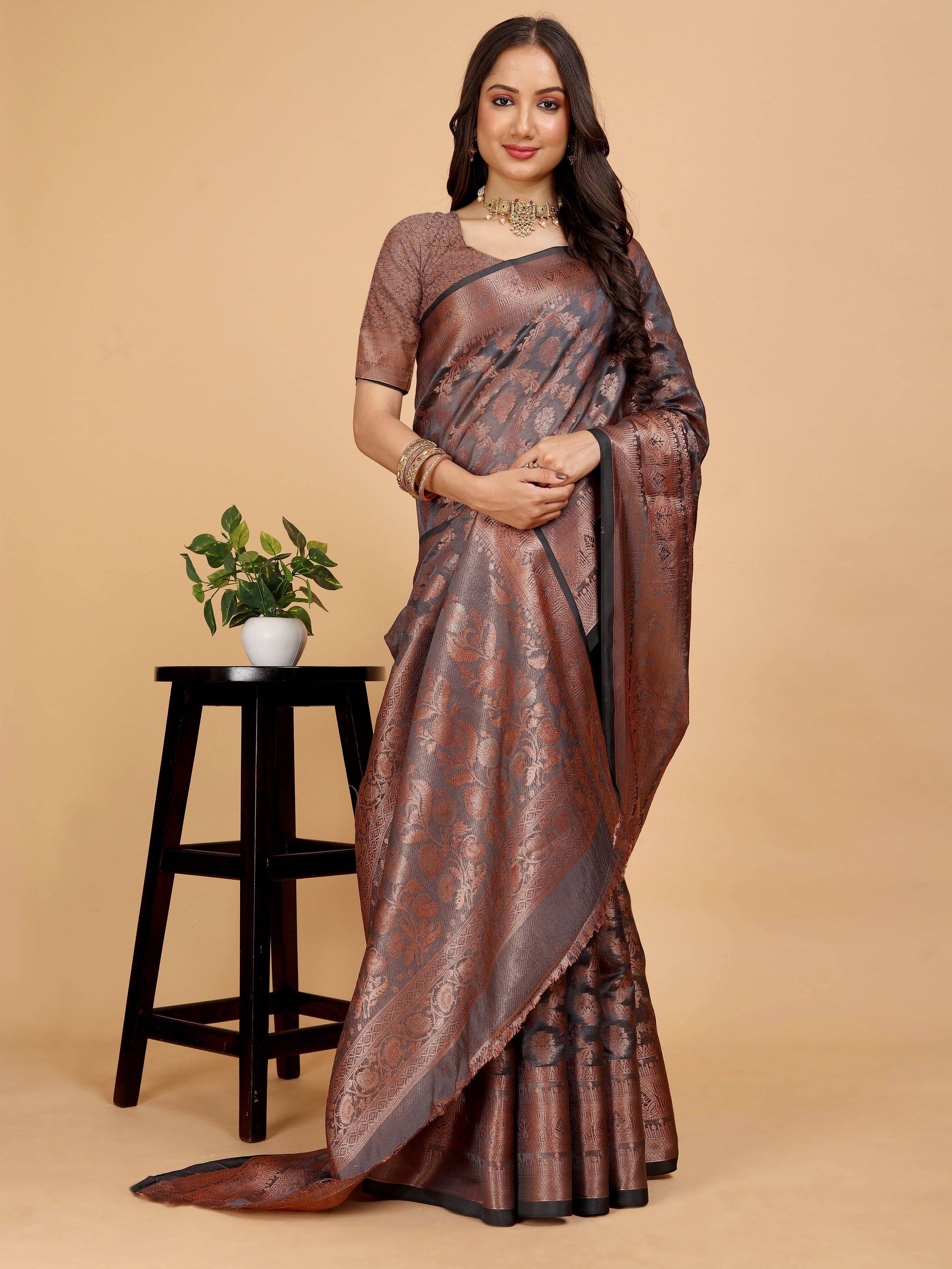 JS Clothing Mart Organza Woven Design Kanjeevaram Sarees With Unstitched Blouse Piece ( Grey ) JS Clothing Mart Organza Woven Design Kanjeevaram Sarees With Unstitched Blouse Piece ( Grey )
