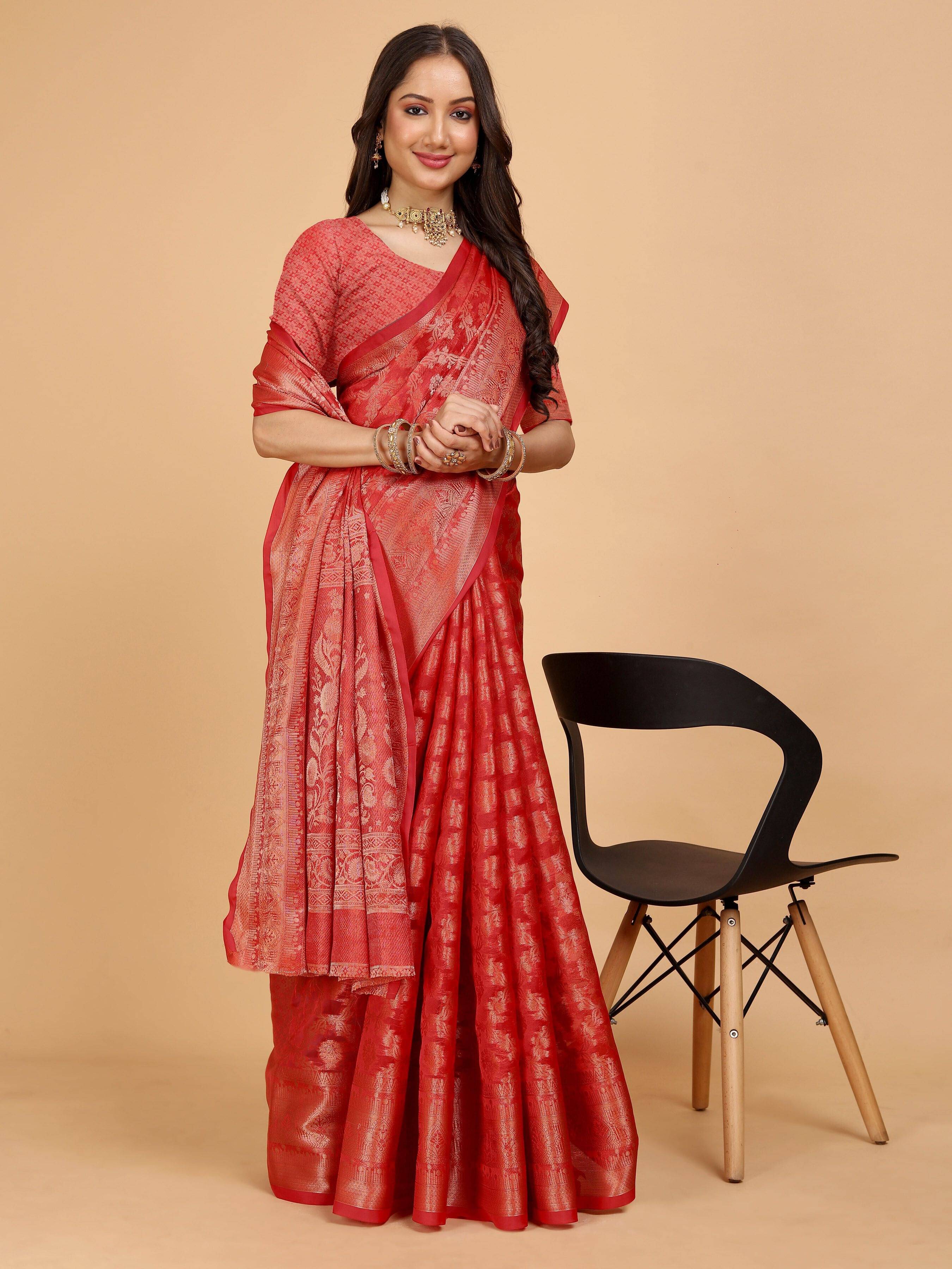    			JS Clothing Mart Organza Woven Design Kanjeevaram Sarees With Unstitched Blouse Piece ( Red )