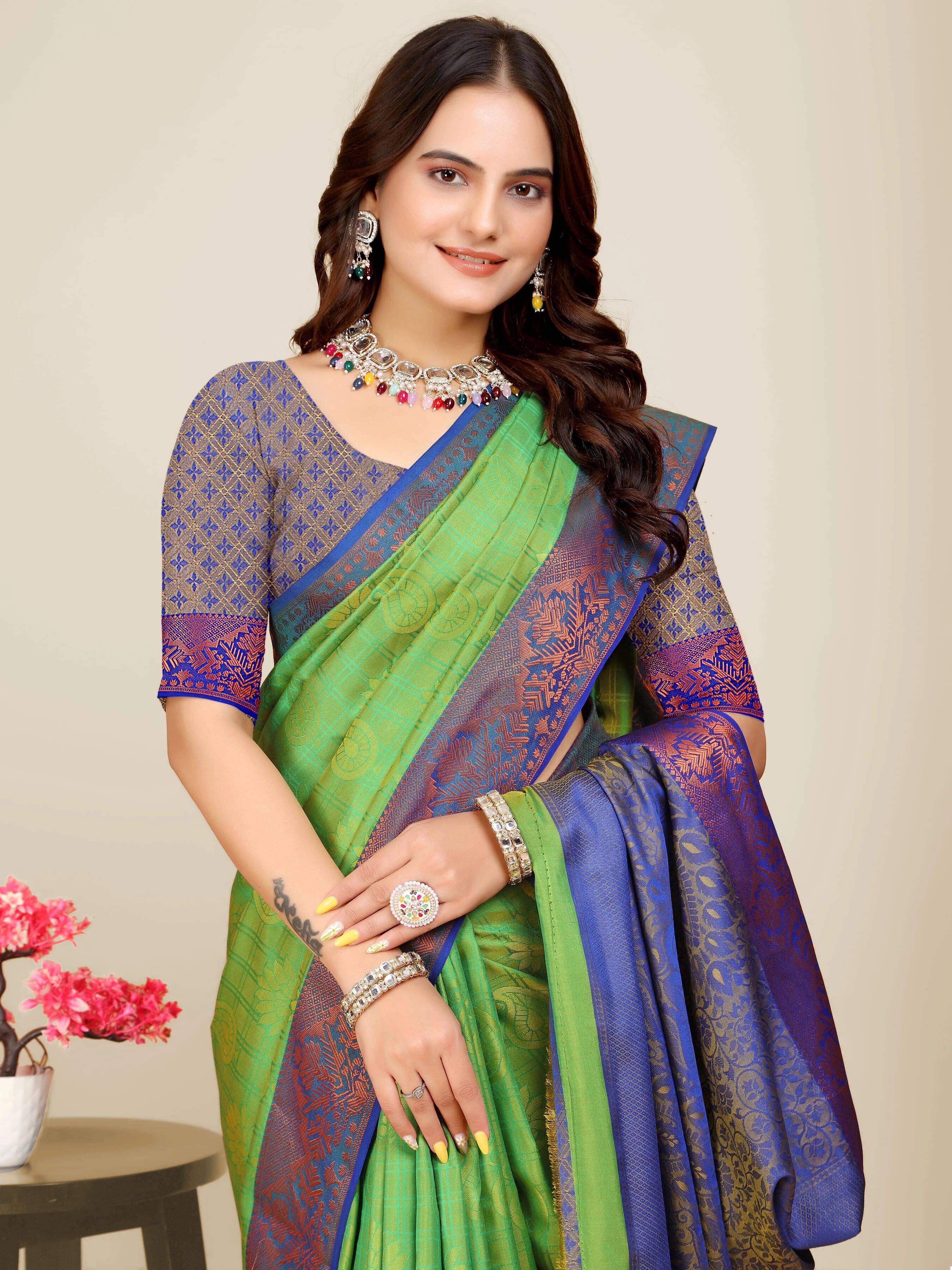 JS Clothing Mart Organza Woven Design Kanjeevaram Sarees With Unstitched Blouse Piece ( Multicolor ) JS Clothing Mart Organza Woven Design Kanjeevaram Sarees With Unstitched Blouse Piece ( Multicolor )