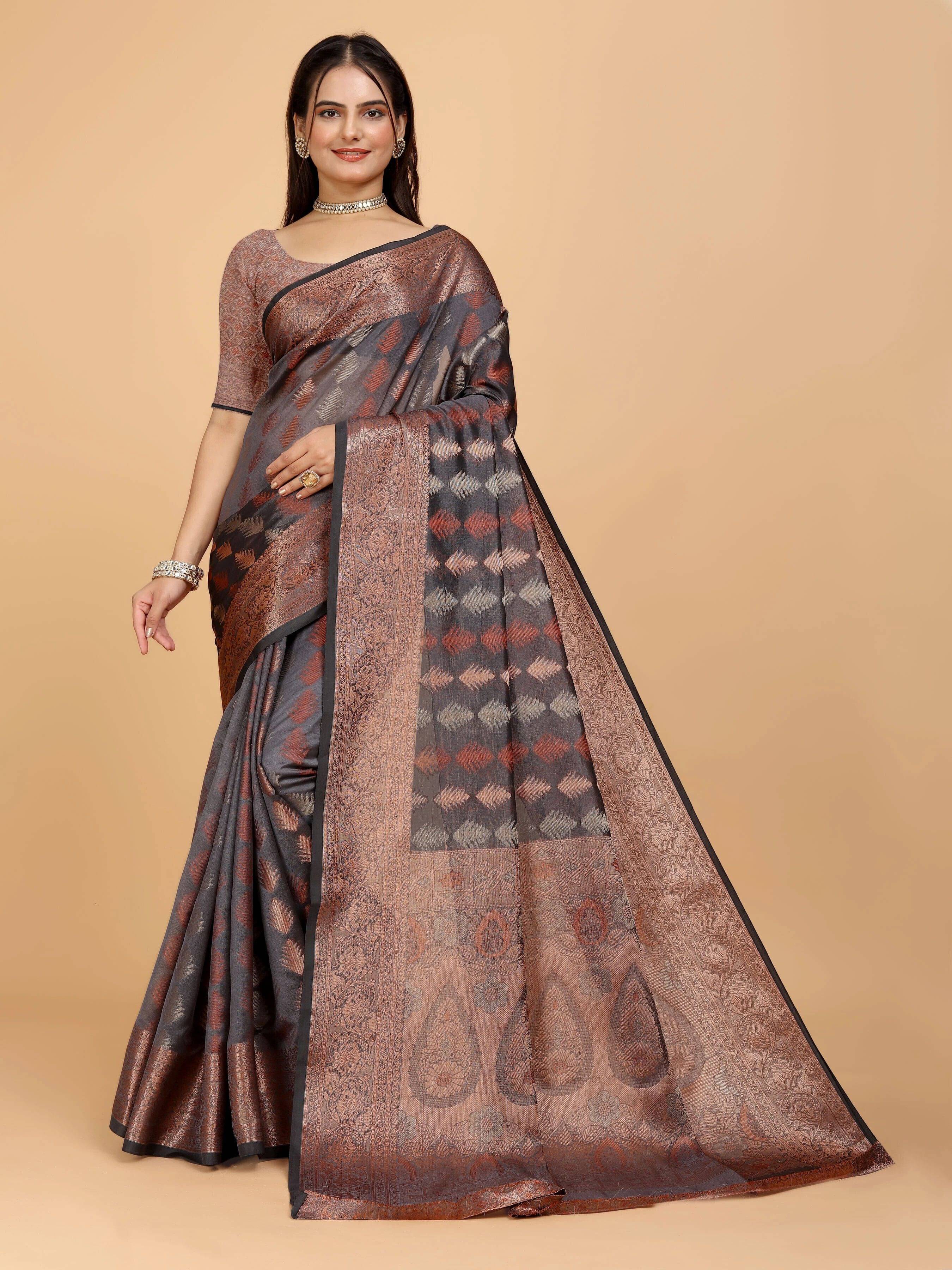 JS Clothing Mart Organza Woven Design Kanjeevaram Sarees With Unstitched Blouse Piece ( Grey ) JS Clothing Mart Organza Woven Design Kanjeevaram Sarees With Unstitched Blouse Piece ( Grey )