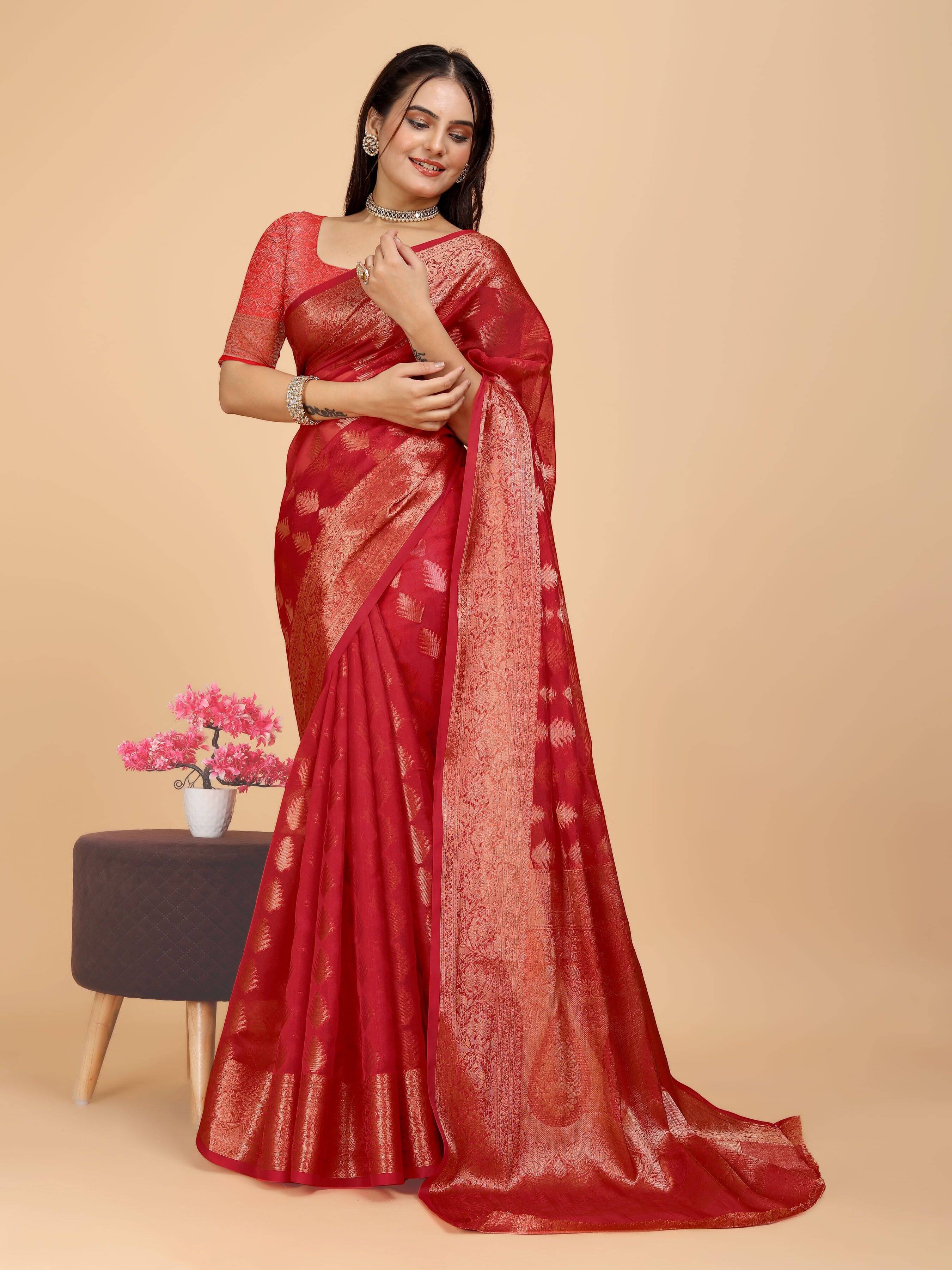 JS Clothing Mart Organza Woven Design Kanjeevaram Sarees With Unstitched Blouse Piece ( Red ) JS Clothing Mart Organza Woven Design Kanjeevaram Sarees With Unstitched Blouse Piece ( Red )