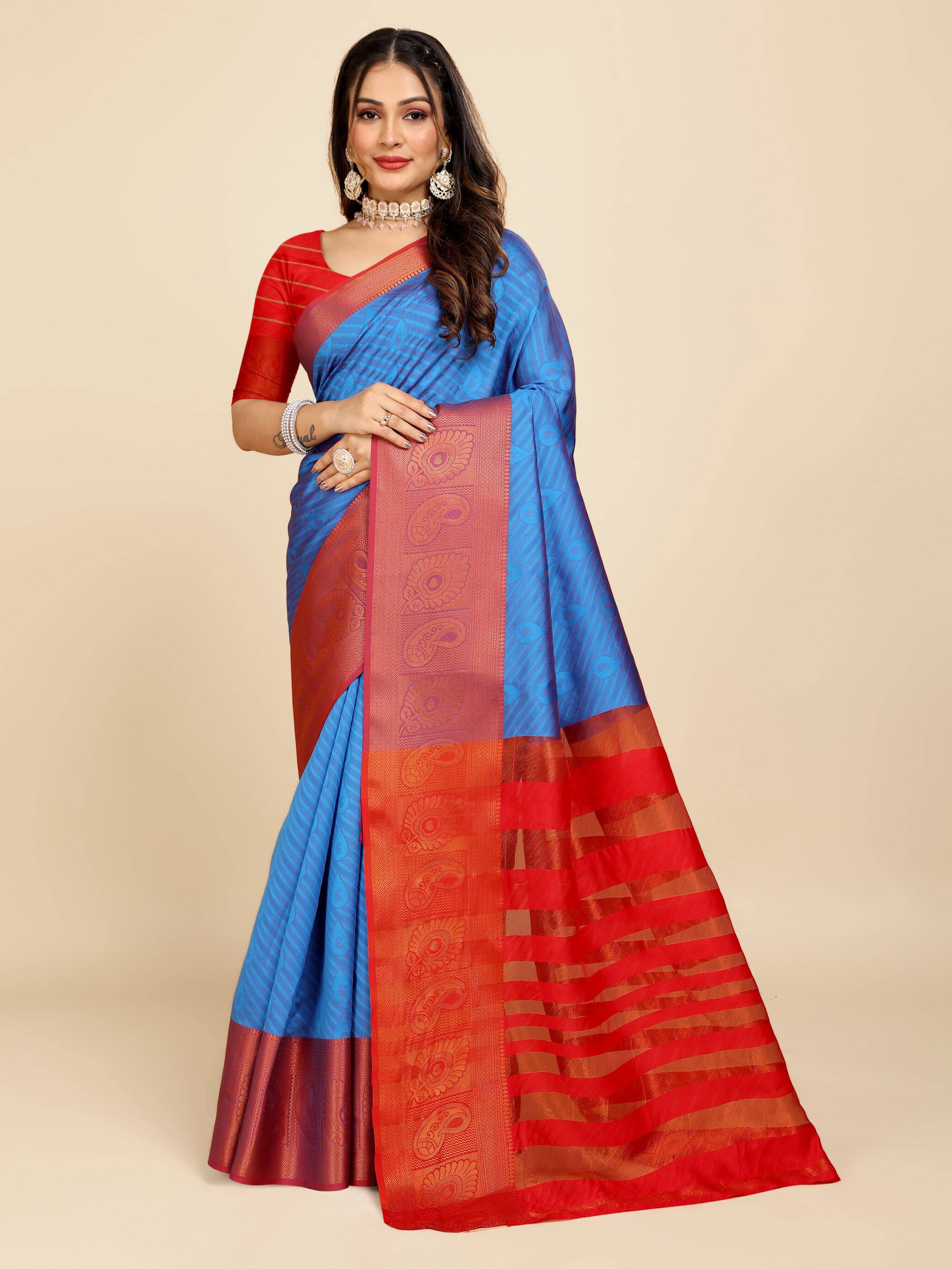     			JS Clothing Mart Organza Woven Design Kanjeevaram Sarees With Unstitched Blouse Piece ( Light Blue )