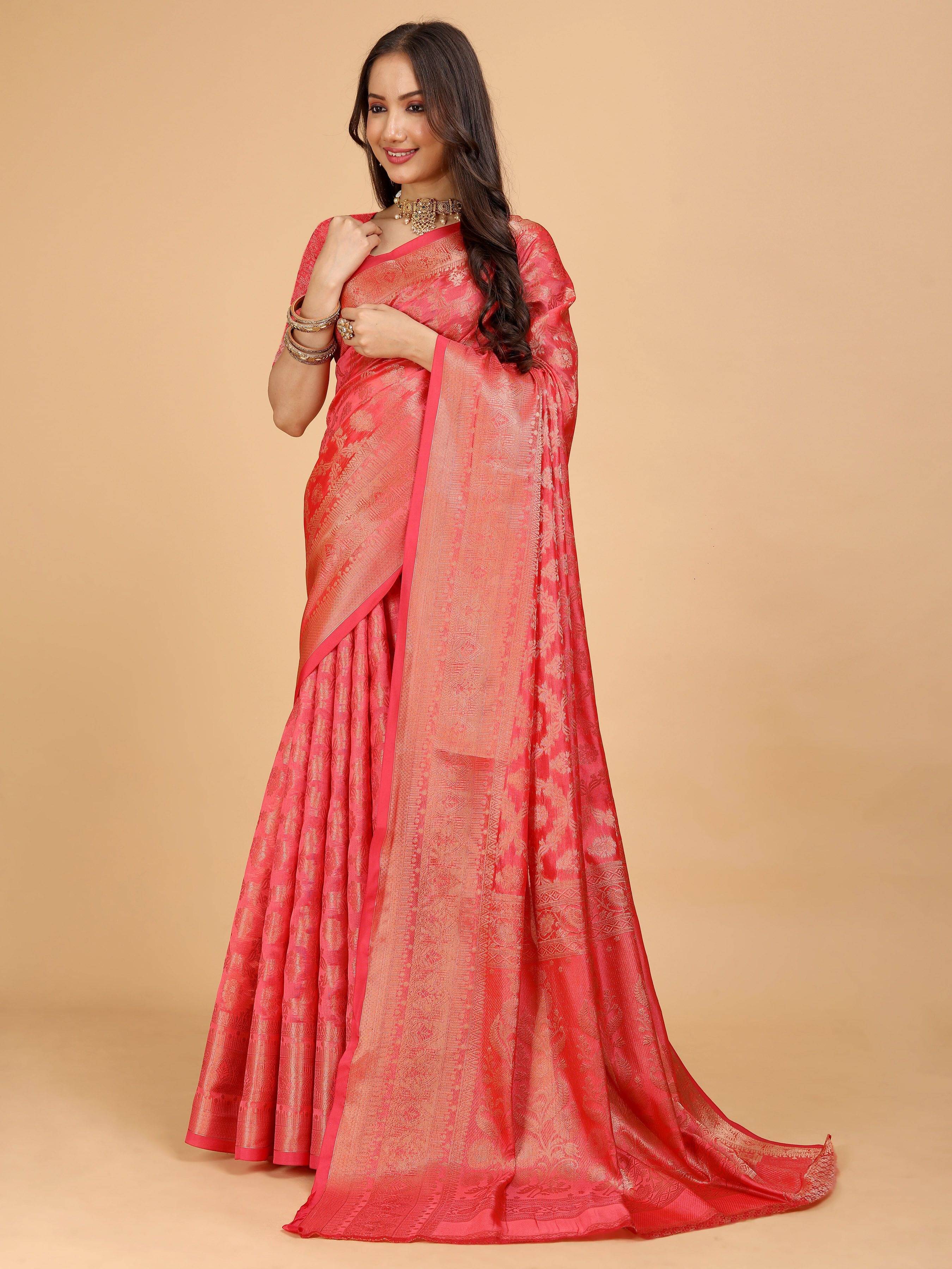 JS Clothing Mart Organza Woven Design Kanjeevaram Sarees With Unstitched Blouse Piece ( Red ) JS Clothing Mart Organza Woven Design Kanjeevaram Sarees With Unstitched Blouse Piece ( Red )