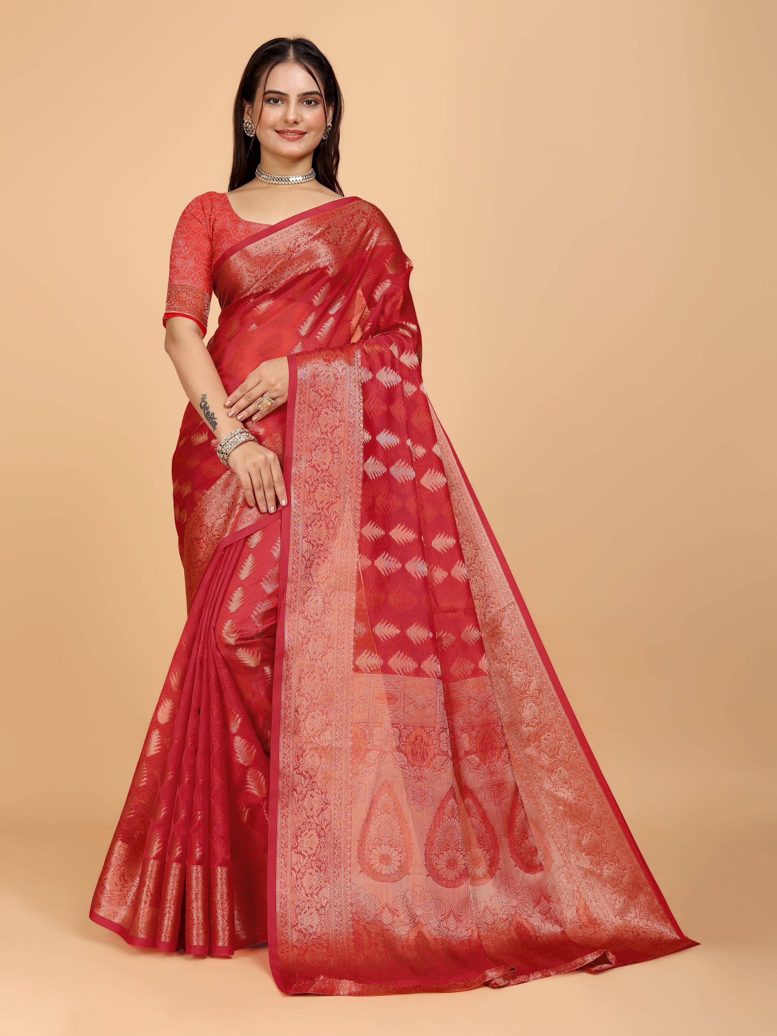JS Clothing Mart Organza Woven Design Baluchari Saree With Unstitched Blouse Piece ( Red ) JS Clothing Mart Organza Woven Design Baluchari Saree With Unstitched Blouse Piece ( Red )